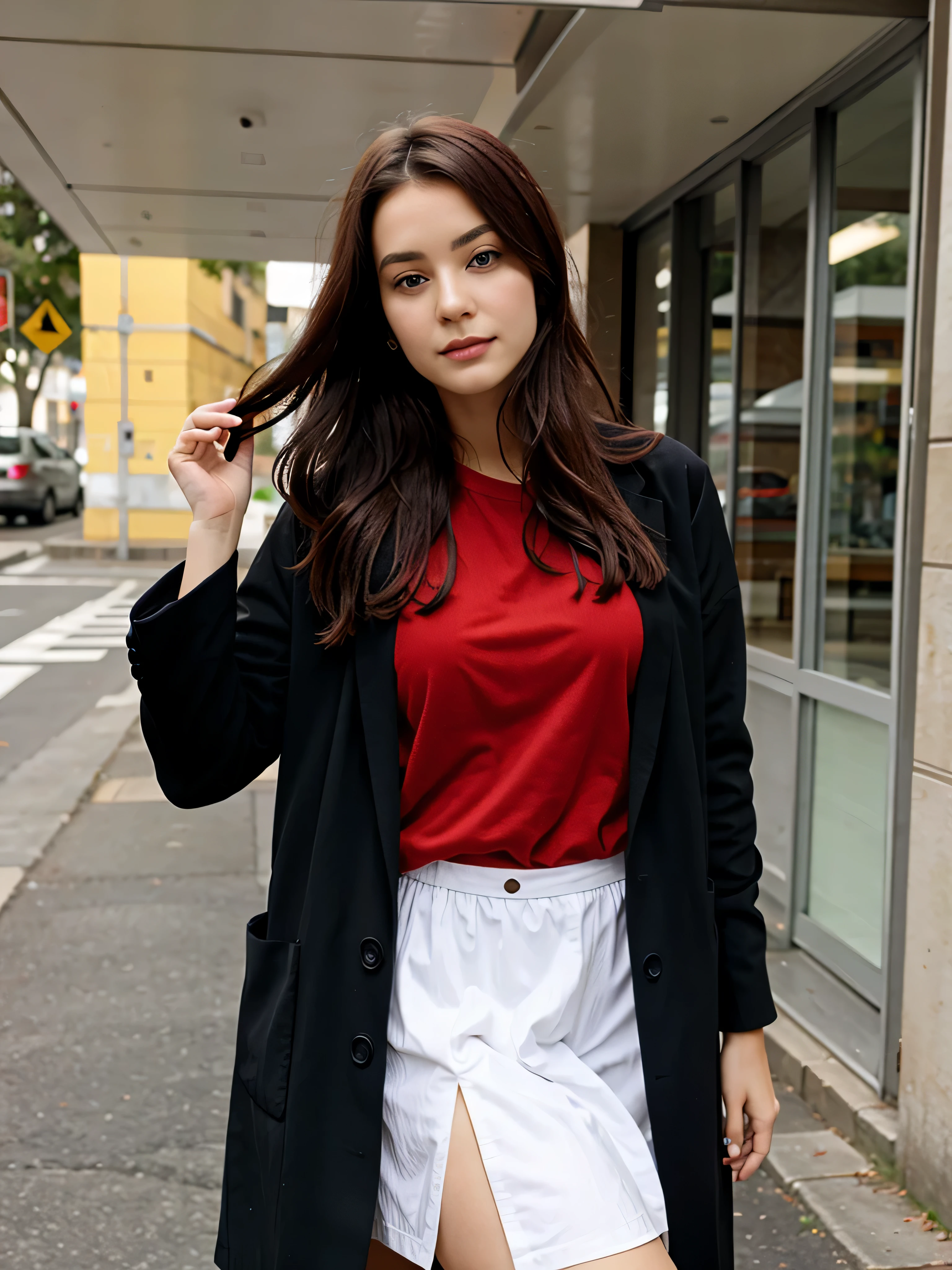 jeune fille de 20 ans au cheveux tres long violet avec une veste ROUGE, habiller en ROUGE, vetue de ROUGE, OUTFIT RED, une tenue rouge, tshirt rouge RED rouge, habiller rouge mode, robe rouge, tenue vestimentaire rouge