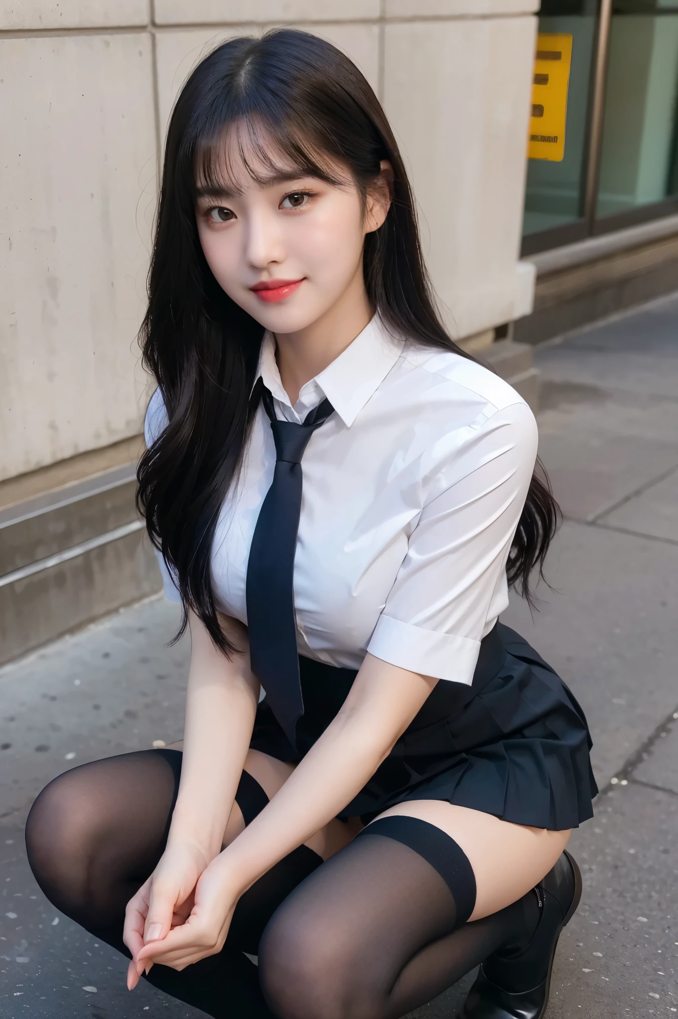 (8K), (highest quality: 1.2), (realistic), (realistic: 1.37), ultra high resolution, (1 girl, cute, smile, closed mouth, thick lips,red lip,beautiful details, beautiful nose, (straight black hair), giant dulcefo, self snap,(school uniform),white shirt,tie,pleated skirt,(knee high socks),Squatting in the city at night, From above,close up of face,