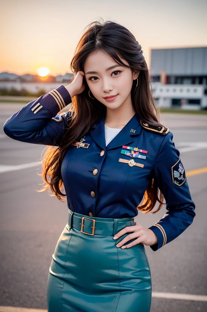 (highest quality, 8K, 32k, masterpiece, UHD:1.2), (realistic:1.5), (masterpiece, Highly detailed CG Unity 8K wallpaper, highest quality, High resolution:1.2), (Super detailed, UHD:1.2), Photo of extremely cute and beautiful Japanese woman, (Long wavy chestnut hair:1.2), adult, (detailed beautiful girl:1.4), highest quality, woman, adult, (Detailed US Air Force Pilot Uniform:1.5), (White Pilot Captain Jacket:1.3), (White high waist pencil skirt:1.3), (Beautiful sunset us air force base runway view background:1.2), laugh shyly:1, looking at the viewer, towards the audience, ((完璧なwomanの身体)), (tight waist:1.2), (Image of the whole body from the knees up:1.3), thin, abs, (beautiful breasts:1.25), assemble the head, Wind, dynamic pose, cinematic light, Backlight, fine clothes, perfect anatomy, perfect proportions, detailed human body, stylish model posing,soft expression、smile