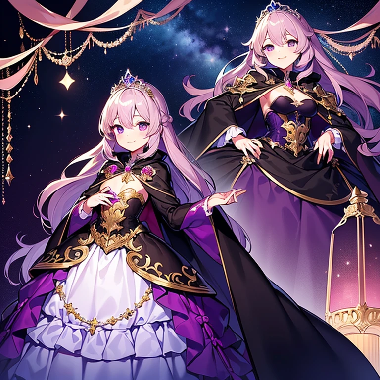 (kawaii),(best quality),(ultra detailed),(rococo style),(long train dark violet cape:1.15), very long cape,(long train dark violet ball gown with flower decorations:1.1), a girl is wearing a cape over her gown, 1 little princess, tiara, smile, very long hair, small breasts, beautiful detailed eyes, beautiful detailed lips