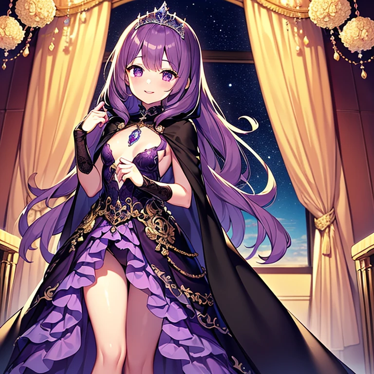 (kawaii),(best quality),(ultra detailed),(rococo style),(long train dark violet cape:1.15), very long cape,(long train dark violet ball gown with flower decorations:1.1), a girl is wearing a cape over her gown, 1 little princess, tiara, smile, very long hair, small breasts, beautiful detailed eyes, beautiful detailed lips