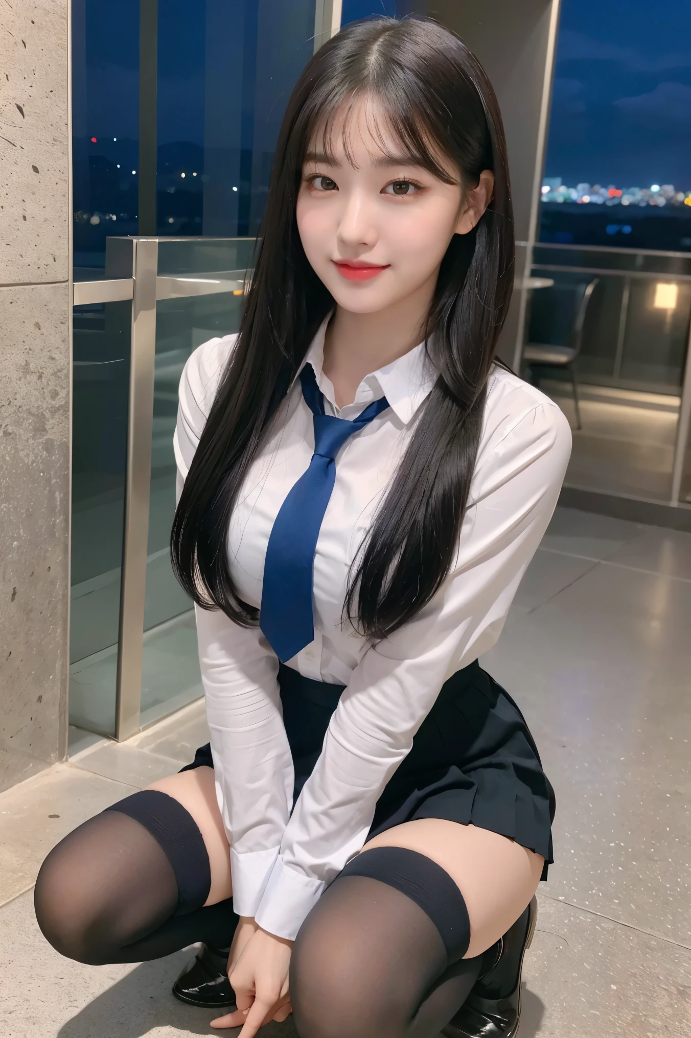 (8K), (highest quality: 1.2), (realistic), (realistic: 1.37), ultra high resolution, (1 girl, cute, smile, closed mouth, thick lips,red lip,beautiful details, beautiful nose, (straight black hair), giant dulcefo, self snap,(school uniform),white shirt,tie,pleated skirt,(knee high socks),Squatting in the city at night, From above,close up of face,