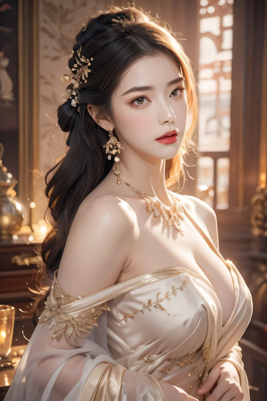 High-quality work,Realistic works,Super premium graphics,8K HD CG works,high quality graphics,High-definition and exquisite CG works,10x pixels,Ultra-fine details:1.1,Advanced technical details:1.1Realistic photo effects,Interior lighting effects:1.5,natural soft light:1.5. Light effect(Virtual light effects:1.8),ultra high resolution,shining dress,sliver long hair,silber hair,transparenthair,high detailed hair(Quality hair details:1.1)Clear eyes,Double eyelids look good,Sharp eye makeup, Create exquisite eyelash makeup, tthin eyebrows, Ultra-detailed eyes,a tall nose, lovely red lips, rosey cheeks, With delicate makeup on her face , pretty face, The face shape is perfectly proportioned,(Advanced facial details:1.1)(bare shoulders:0.85), ((nude:1)),(boobs naked:0.55), (Glowing ambiance, enchanting radiance, luminous lighting, ethereal atmosphere, mesmerizing glow, evocative hues, captivating coloration, dramatic lighting, enchanting aura),1girl, masterpiece,best quality, 1girl, (in smoke:1.1),(dynamic smokeanywhere:1.4),(upper body:1.2),((nipples:0.55)),(1 Chinese patterns in the middle of the girl's forehead),girl with a weak temperament, epic cinematic, soft nature lights, rim light, absurd, amazing, funny, itricate, hyper detailed, ultra realistic, soft colors, white flowerpink flowers,,Women's artwork,Dress full body video,Realism,Amazing Cleavage,My eyes are very bright today