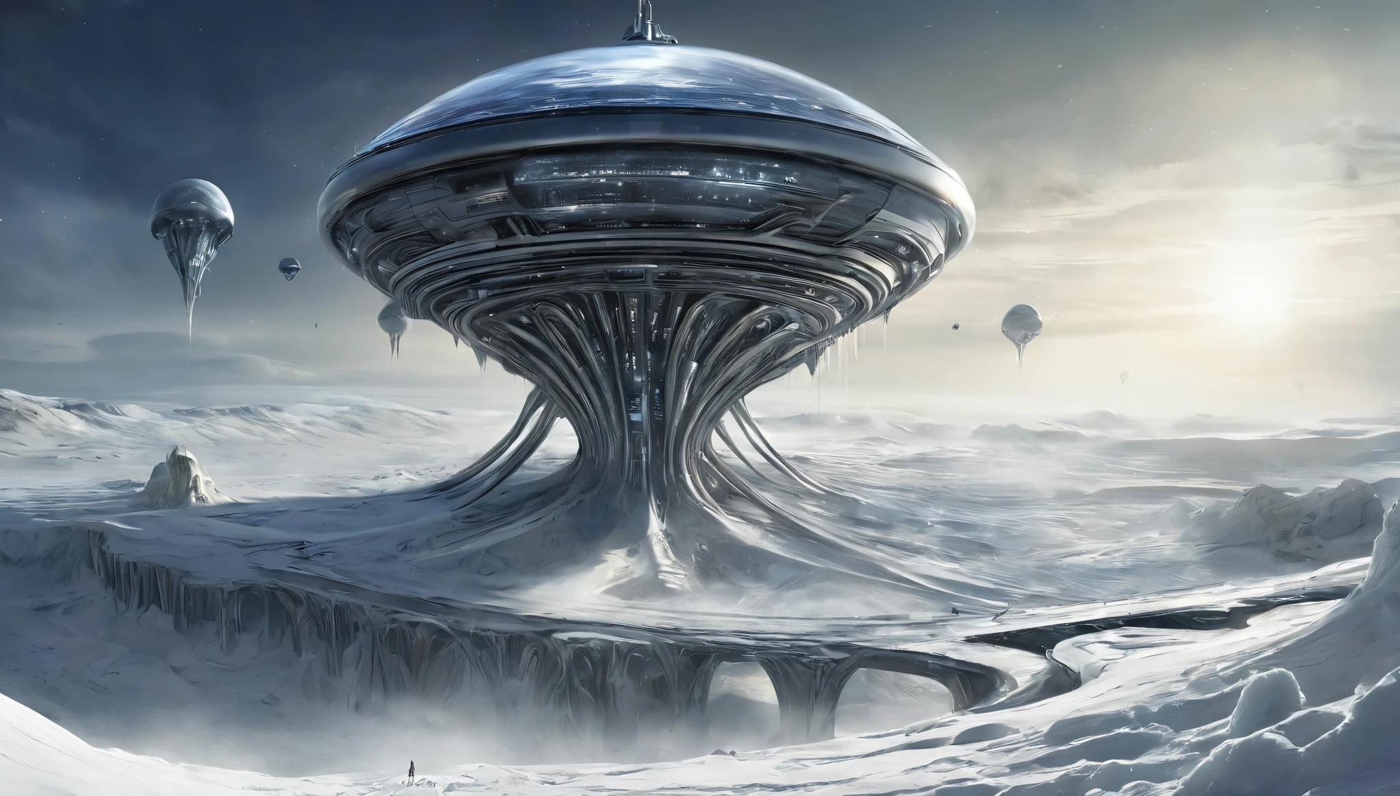 PLANETA HELADO, h.R. Arte conceptual de Giger para Alien, varias ilustraciones sobre planeta blanco, congelado, alejado de las estrellas, tormentas de nieve, nave espacial vuela entre el viento y nevada fuerte, hyper realistic image high resolution HDR, UHDR, 16K, professional cinema lighting, ((CUBIERTO DE NIEVE)), ((PLANETA CON SUPERFICIE  INTRINCADA, COLONIA EN MEDIOS DE ROCAS DE HIELO ESCARPADAS)), (PHOTOGRAPHY SHOOTING WITH WIDE ANGLE LENS, isometric perspective), ((NAVE ESPACIAL PASA SOBRE COLONIA EN PLANETA HELADO GRAN PLANO GENERAL))
