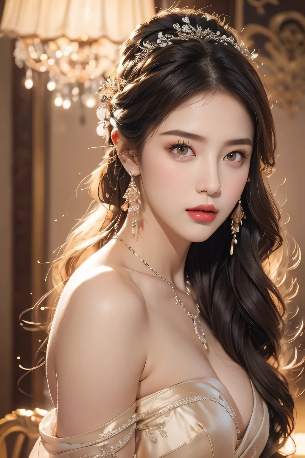 High-quality work，Realistic works，Super premium graphics，8K HD CG works，high quality graphics，High-definition and exquisite CG works，10x pixels，Ultra-fine details：1.1，Advanced technical details：1.1Realistic photo effects，Interior lighting effects：1.5，natural soft light：1.5. Light effect（Virtual light effects：1.8），ultra high resolution，shining dress，sliver long hair，silber hair，transparenthair，high detailed hair（Quality hair details：1.1）Clear eyes，Double eyelids look good，Sharp eye makeup, Create exquisite eyelash makeup, tthin eyebrows, Ultra-detailed eyes，a tall nose, lovely red lips, rosey cheeks, With delicate makeup on her face , pretty face, The face shape is perfectly proportioned,（Advanced facial details：1.1）(bare shoulders:0.85), ((nude:1)),(boobs naked:0.55), (Glowing ambiance, enchanting radiance, luminous lighting, ethereal atmosphere, mesmerizing glow, evocative hues, captivating coloration, dramatic lighting, enchanting aura),1girl, masterpiece,best quality, 1girl, (in smoke:1.1),(dynamic smokeanywhere:1.4),(upper body:1.2),((nipples:0.55)),(1 Chinese patterns in the middle of the girl's forehead),girl with a weak temperament, epic cinematic, soft nature lights, rim light, absurd, amazing, funny, itricate, hyper detailed, ultra realistic, soft colors, white flowerpink flowers,，Women's artwork，Dress full body video，Realism，Amazing Cleavage，My eyes are very bright today
