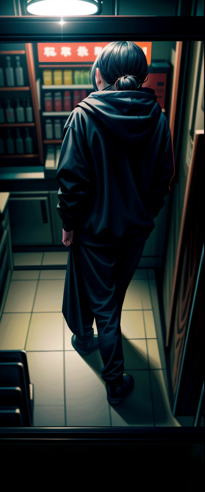 ((masterpiece, highest quality, Highest image quality, High resolution, photorealistic, Raw photo, 8K)), ((Extremely detailed CG unified 8k wallpaper)), Late night convenience store, two people, a female clerk and a robber, Man in black hoodie, robbery, man asks for money, convenience store, surprise, theft, still from live action film, robber and clerk across counter, scene from live action film, meme, security camera footage, view from above,
