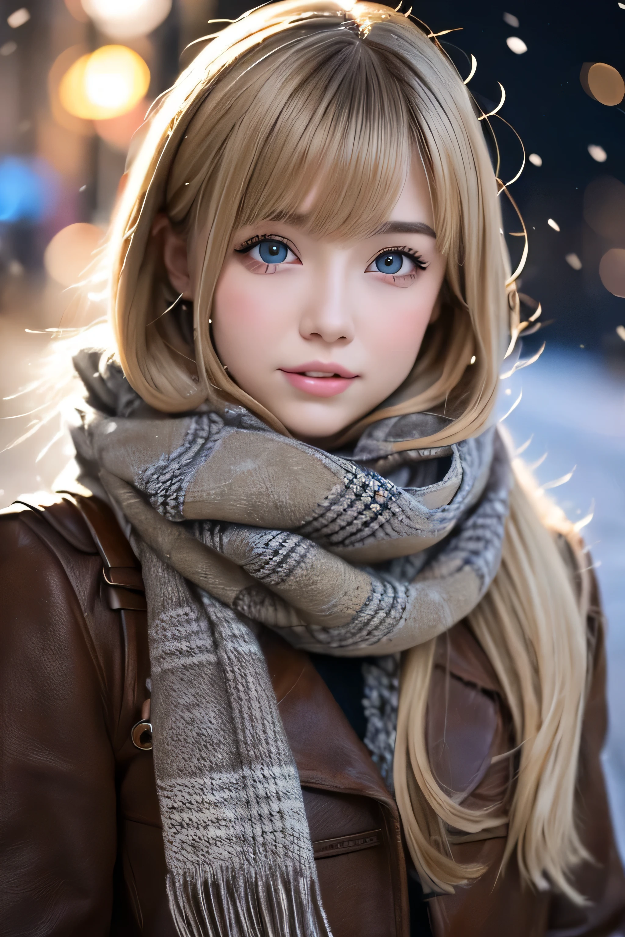 ((No makeup、close your mouth:1.2))、(realistic、Photoreal、super detailed、best detailed skins、highest quality、masterpiece、超A high resolution)、cute russian woman、s old、high school girl、young girl、1 girl、have bangs、ash blonde:1.7、double eyelid、drooling eyes、Japanese style face、purity、double teeth、realistic skin type、thick muffler、Gray muffler、fluffy hair、((There's hair in the scarf:1.3))、red cheeks、The wind is blowing、It's snowing、night、illumination、Lighting from behind