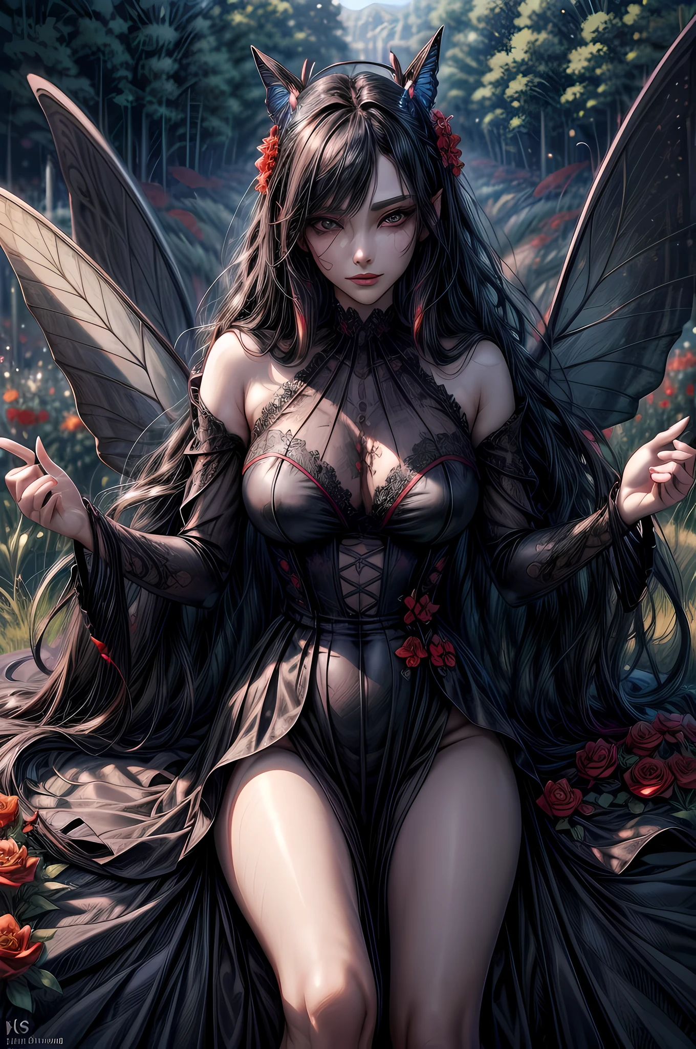 high details, best quality, 16k, RAW, [best detailed], masterpiece, best quality, (extremely detailed), full body, ultra wide shot, photorealistic, dark fantasy art, goth art, RPG art, D&D art, a picture of a dark female fairy resting in a flower meadow, extremely beautiful fairy, ultra feminine (intense details, Masterpiece, best quality), best detailed face (intense details, Masterpiece, best quality), having wide butterfly wings, spread butterfly wings (intense details, Masterpiece, best quality), dark colors wings (intense details, Masterpiece, best quality), black hair, long hair, shinning hair, flowing hair, shy smile, innocent smile, blue eyes, dark red lips, wearing [red] dress latex corset (intense details, Masterpiece, best quality), dynamic elegant shirt, chocker, wearing high heels, in dark colored flower meadow (intense details, Masterpiece, best quality), (red flowers: 1.2) , (black flowers: 1.2), (white flowers: 1.2), (blue flowers: 1.3) [extreme many flowers] (intense details, Masterpiece, best quality), dark colorful flowers (intense details, Masterpiece, best quality), flower meadow in a dark goth field background, dim light, cinematic light, High Detail, Ultra High Quality, High Resolution, 16K Resolution, Ultra HD Pictures, 3D rendering Ultra Realistic, Clear Details, Realistic Detail, Ultra High Definition, DonMF41ryW1ng5XL