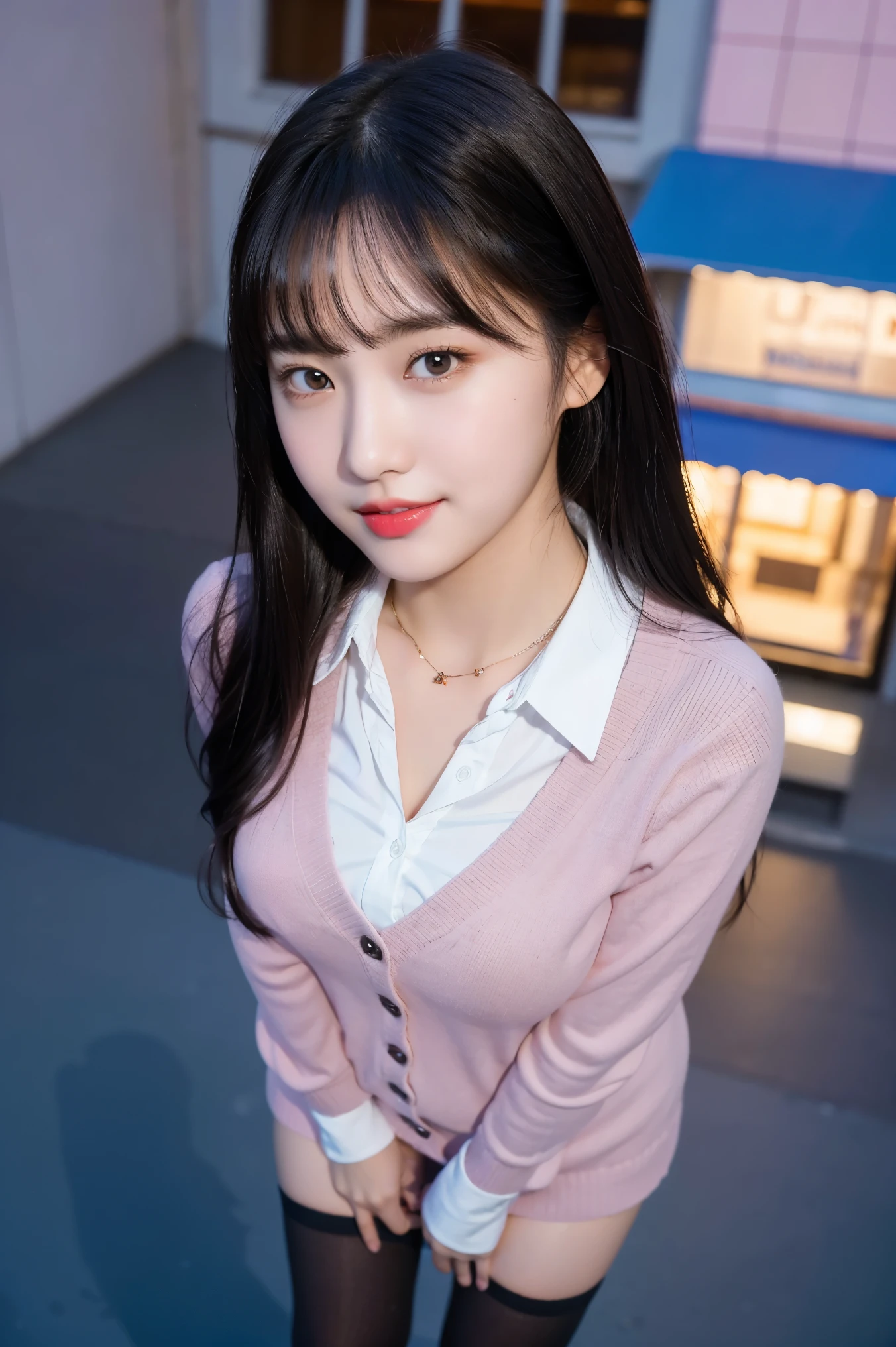 (8K), (highest quality: 1.2), (realistic), (realistic: 1.37), ultra high resolution, (1 girl, cute, smile, closed mouth, thick lips,red lip,beautiful details, beautiful nose, (straight black hair), giant dulcefo, self snap,(school uniform),(pink cardigan),white shirt,tie,check pleated skirt,(Blue knee-high socks),Standing in the city at night, From above,close up of face,thin necklace,(medium shot:1.2),