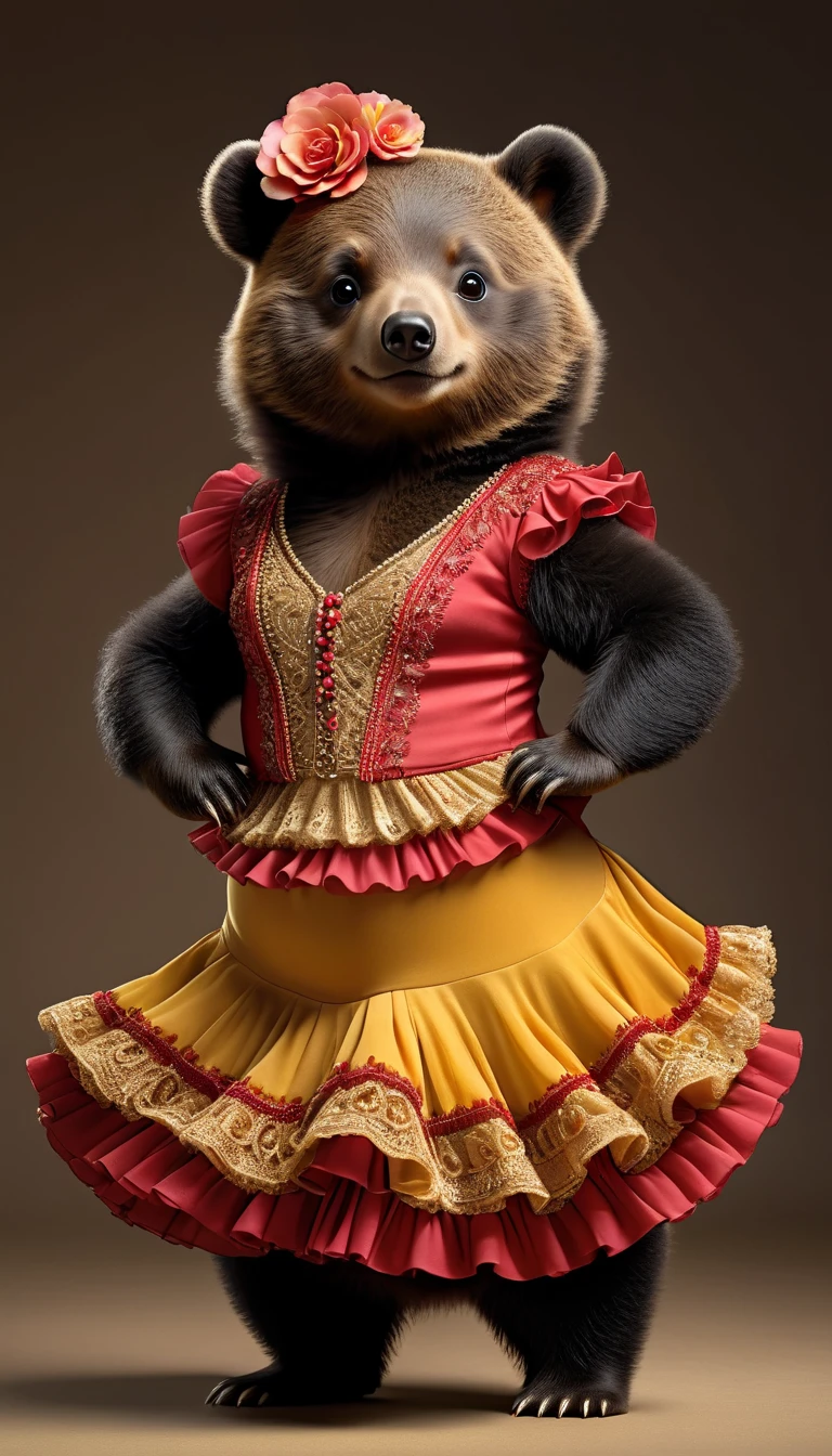 Photorealistic portrait of an animal wearing clothes - a chubby black bear baby flamenco dancer,( Flamenco poses), high quality,(charming) ,intricate details, Very detailed ((Golden flamenco costume)) ,Very detailed dress,, (happy), studio lighting,(full body image:1.5)