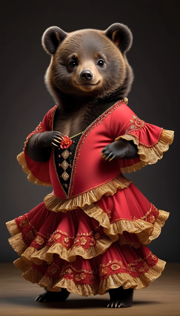 Photorealistic portrait of an animal wearing clothes - a chubby black bear flamenco dancer,( Flamenco poses), high quality,(charming) ,intricate details, Very detailed ((Golden flamenco costume)) ,Very detailed dress,, (happy), studio lighting,(full body image:1.5)