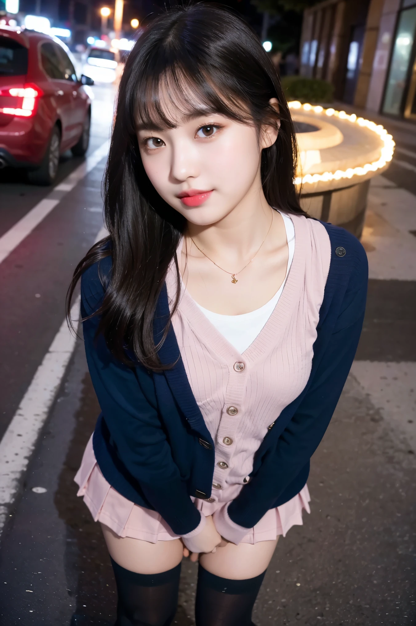 (8K), (highest quality: 1.2), (realistic), (realistic: 1.37), ultra high resolution, (1 girl, cute, smile, closed mouth, thick lips,red lip,beautiful details, beautiful nose, (straight black hair), giant dulcefo, self snap,(school uniform),(pink cardigan),white shirt,tie,check pleated skirt,(Blue knee-high socks),Standing in the city at night, From above,close up of face,thin necklace,(medium shot:1.2),