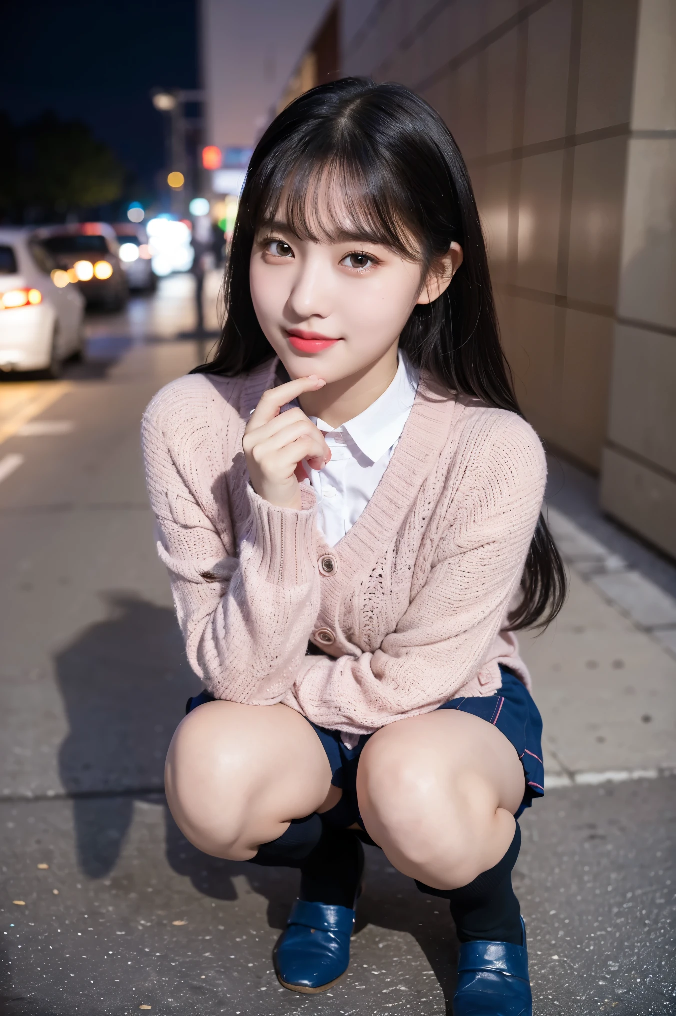 (8K), (highest quality: 1.2), (realistic), (realistic: 1.37), ultra high resolution, (1 girl, cute, smile, closed mouth, thick lips,red lip,beautiful details, beautiful nose, (straight black hair), giant dulcefo, self snap,(school uniform:1.2),(pink cardigan),white shirt,tie,check pleated skirt,(Blue knee-high socks),Standing in the city at night, From above,thin necklace,(medium shot:1.2),squat