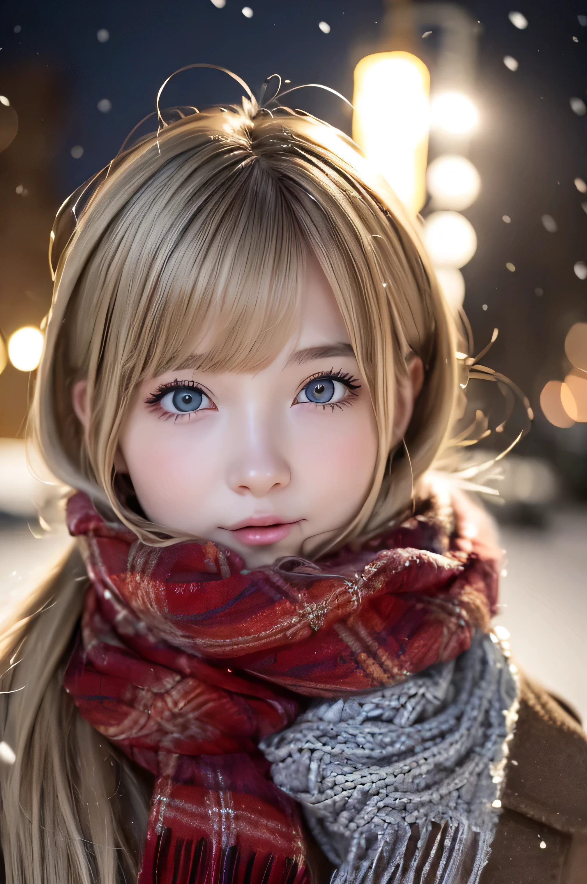 ((No makeup、close your mouth:1.2))、(realistic、Photoreal、super detailed、best detailed skins、highest quality、masterpiece、超A high resolution)、cute russian woman、、high school girl、young girl、1 girl、have bangs、ash blonde:1.7、double eyelid、drooling eyes、Japanese style face、purity、double teeth、realistic skin type、thick muffler、Gray muffler、fluffy hair、((There's hair in the scarf:1.3))、red cheeks、The wind is blowing、It's snowing、night、illumination、Lighting from behind