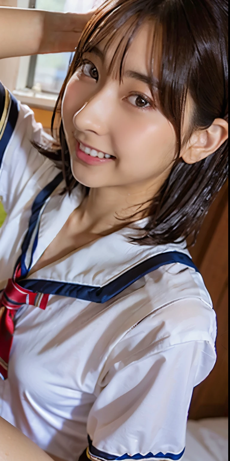 Ulchan-6500-v1.1, (Raw photo:1.2), (realistic:1.4), beautiful detailed girl, very detailed eyes and face, detailed and beautiful eyes, huge file size, (big), High resolution, very detailed, highest quality, [masterpiece:1.6], [JK uniform], figure, very detailed, cg, small details, highest quality, Highly detailed cg uniform 8k wallpaper, movie lighting, 1 girl, 17 years old, cute japanese , perfect figure, [unbuttoned white school blouse], big firm chest, [huge breasts, heavy chest: 1.6], Cute droopy eyes, beautiful big eyes, white school blouse, see through bra, sweaty and wet, [sexual excitement: 1.1], [sexual excitement: 1.1] lying on the bed: 1.5], raised his hand,  tie a ribbon around the neck, smile, (the whole body is wet), shining eyes