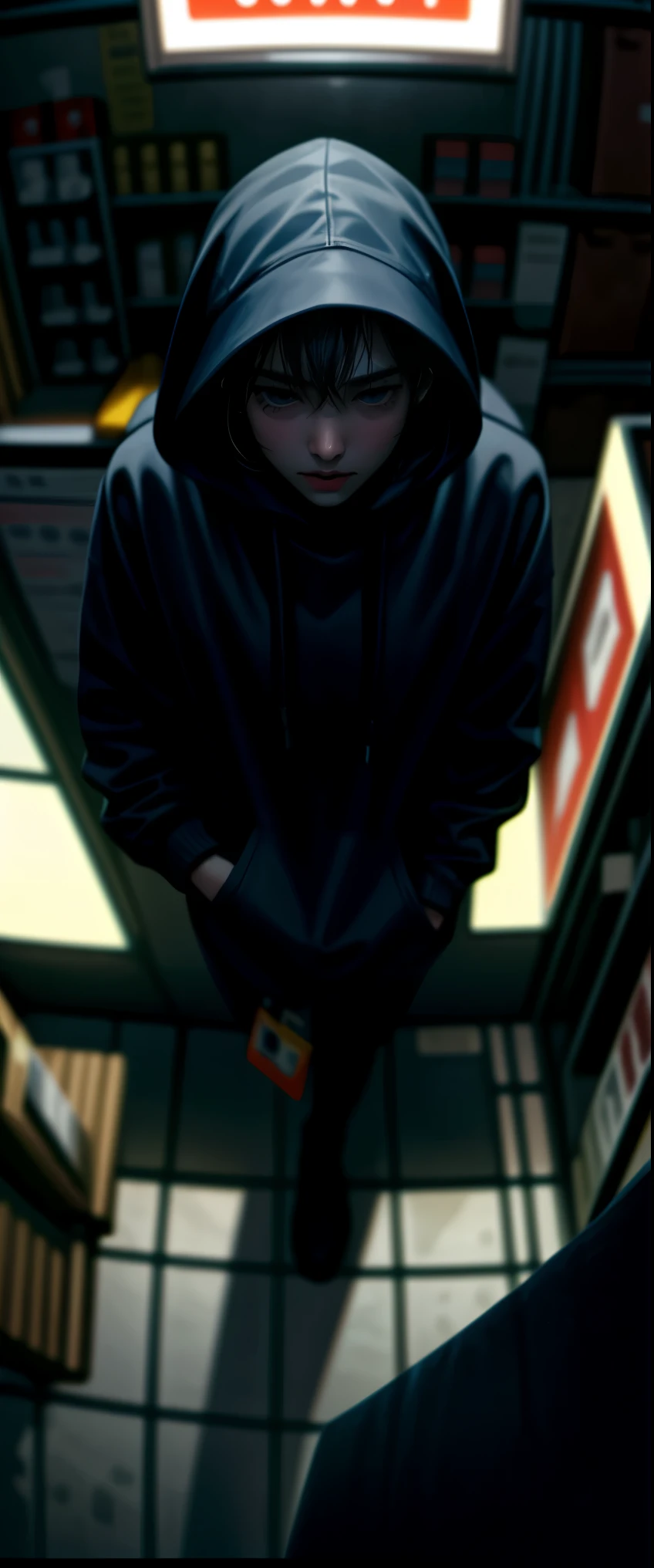 ((masterpiece, highest quality, Highest image quality, High resolution, photorealistic, Raw photo, 8K)), ((Extremely detailed CG unified 8k wallpaper)), Late night convenience store, two people, a female clerk and a robber, Man in black hoodie, robbery, man asks for money, convenience store, surprise, theft, still from live action film, robber and clerk across counter, scene from live action film, meme, security camera footage, view from above,