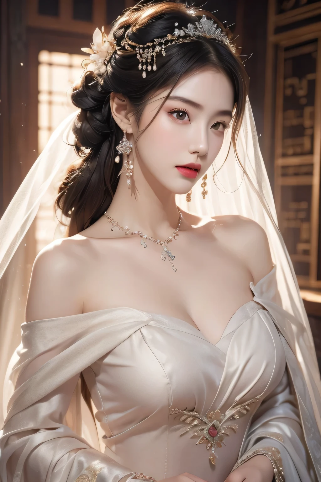 High-quality work,Realistic works,Super premium graphics,8K HD CG works,high quality graphics,High-definition and exquisite CG works,10x pixels,Ultra-fine details:1.1,Advanced technical details:1.1Realistic photo effects,Interior lighting effects:1.5,natural soft light:1.5. Light effect(Virtual light effects:1.8),ultra high resolution,shining dress,sliver long hair,silber hair,transparenthair,high detailed hair(Quality hair details:1.1)Clear eyes,Double eyelids look good,Sharp eye makeup, Create exquisite eyelash makeup, tthin eyebrows, Ultra-detailed eyes,a tall nose, lovely red lips, rosey cheeks, With delicate makeup on her face , pretty face, The face shape is perfectly proportioned,(Advanced facial details:1.1)1girl,happy,elegant,silk,tullece,dress,off-shoulder,cowboy shot,see-through,white lotus,glowing,fog,mist,river,((holding a sword, ninjas, photostock, female actress from korea, veil, agile, photo from a promo shoot, cryptoblades, asian female, fighters)), Best quality, masterpiece, ultra high res, photorealistic, raw photo, unity 8k wallpaper,((1 sword:1)),,Women's artwork,Dress full body video,Realism,Amazing Cleavage,My eyes are very bright today