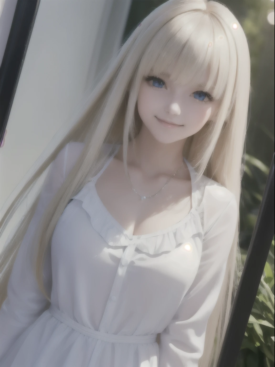 portrait, bright expression, young shiny shiny white shiny skin, Best shot, Blonde reflected light, Platinum blonde hair with dazzling highlights, shiny light hair, Super long silky straight hair, Beautiful bangs that shine, Glowing crystal clear attractive big blue eyes. Very beautiful nice cute 18 year old girl, smile, ((whole body)), black dress, white short jacket,