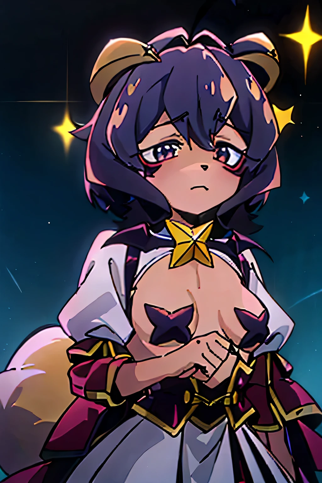 young woman, with ears, big blue fluffy tail, Darling, Anime style, bob dark blue hair, black ends of hair curls, black stars in eyes, star on chest, Red unbuttoned jacket