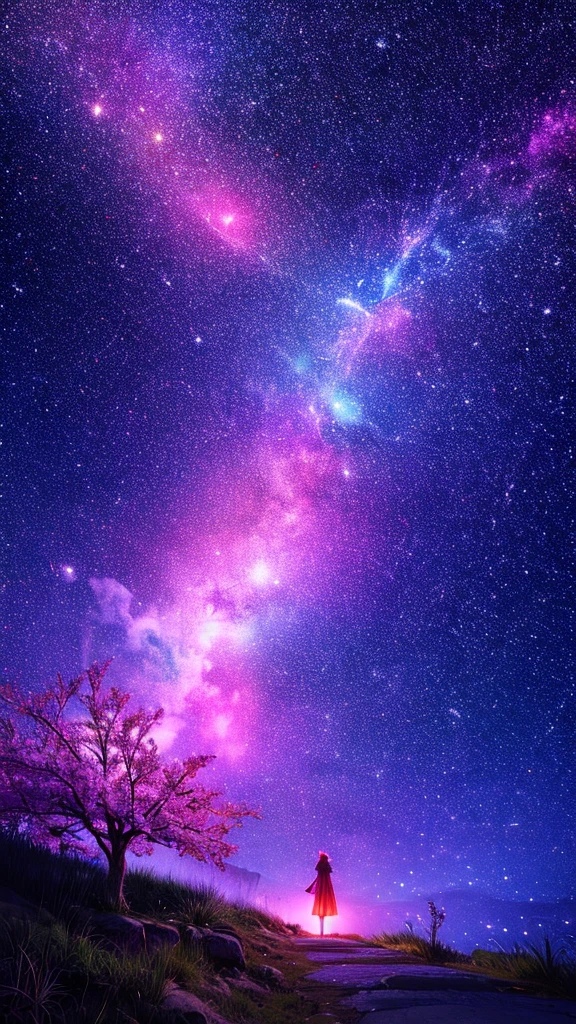Describe the scene of a giant cherry tree standing on a grassy hill., starry sky,Colorful nebulae and your favorite constellations