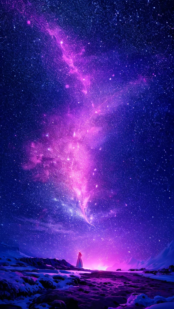 Describe the scene of a giant cherry tree standing on a grassy hill., starry sky,Colorful nebulae and your favorite constellations