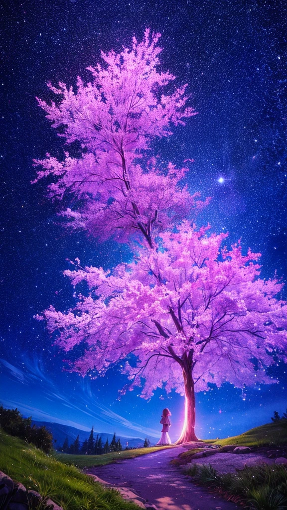 Describe the scene of a giant cherry tree standing on a grassy hill., starry sky,Colorful nebulae and your favorite constellations