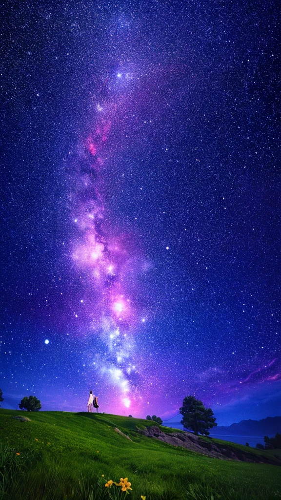 Describe the scene of a giant cherry tree standing on a grassy hill., starry sky,Colorful nebulae and your favorite constellations