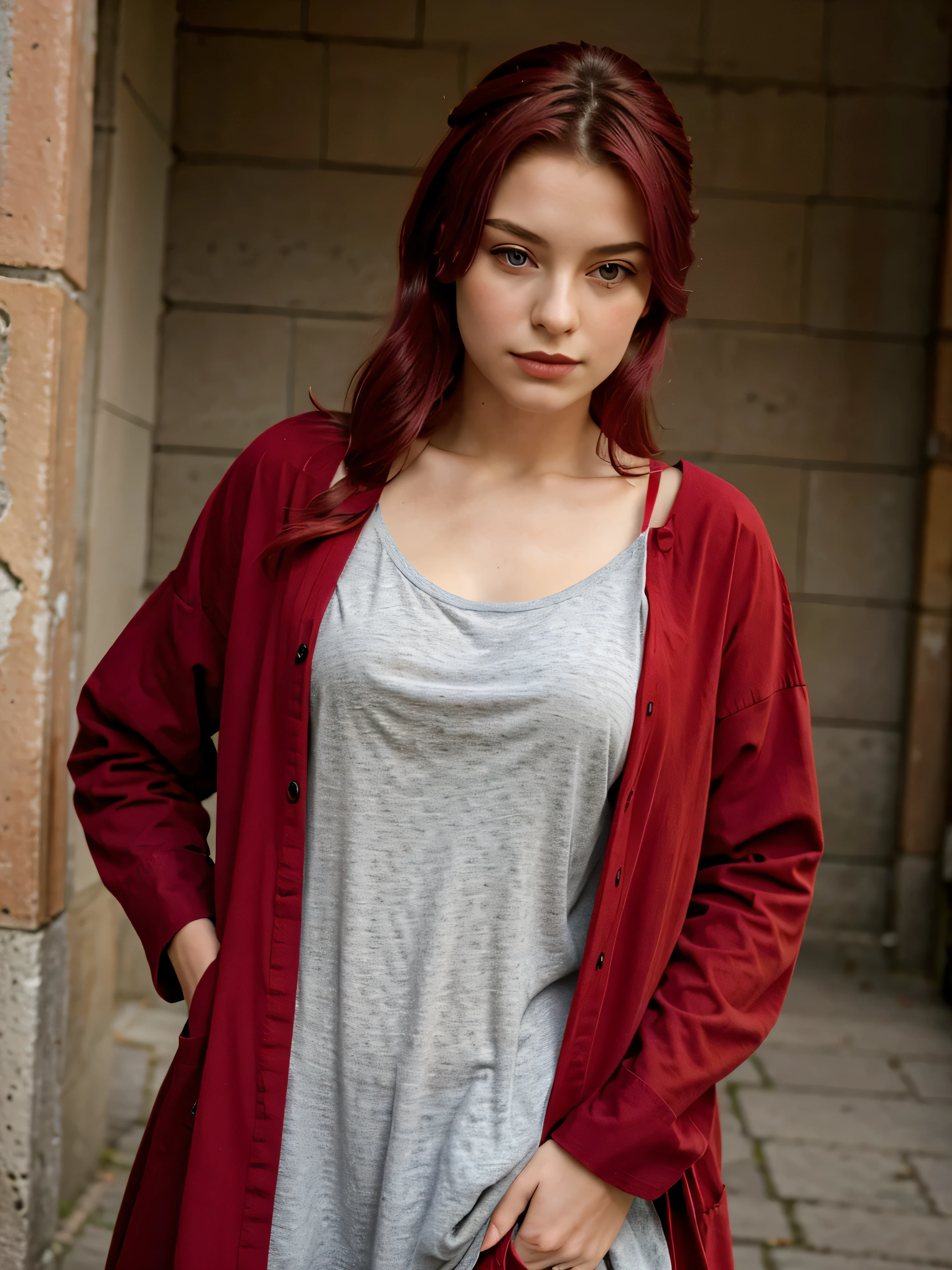 jeune fille de 20 ans au cheveux tres long violet avec une veste ROUGE, habiller en ROUGE, vetue de ROUGE, OUTFIT RED, une tenue rouge, tshirt rouge RED rouge, habiller rouge mode, robe rouge, tenue vestimentaire rouge