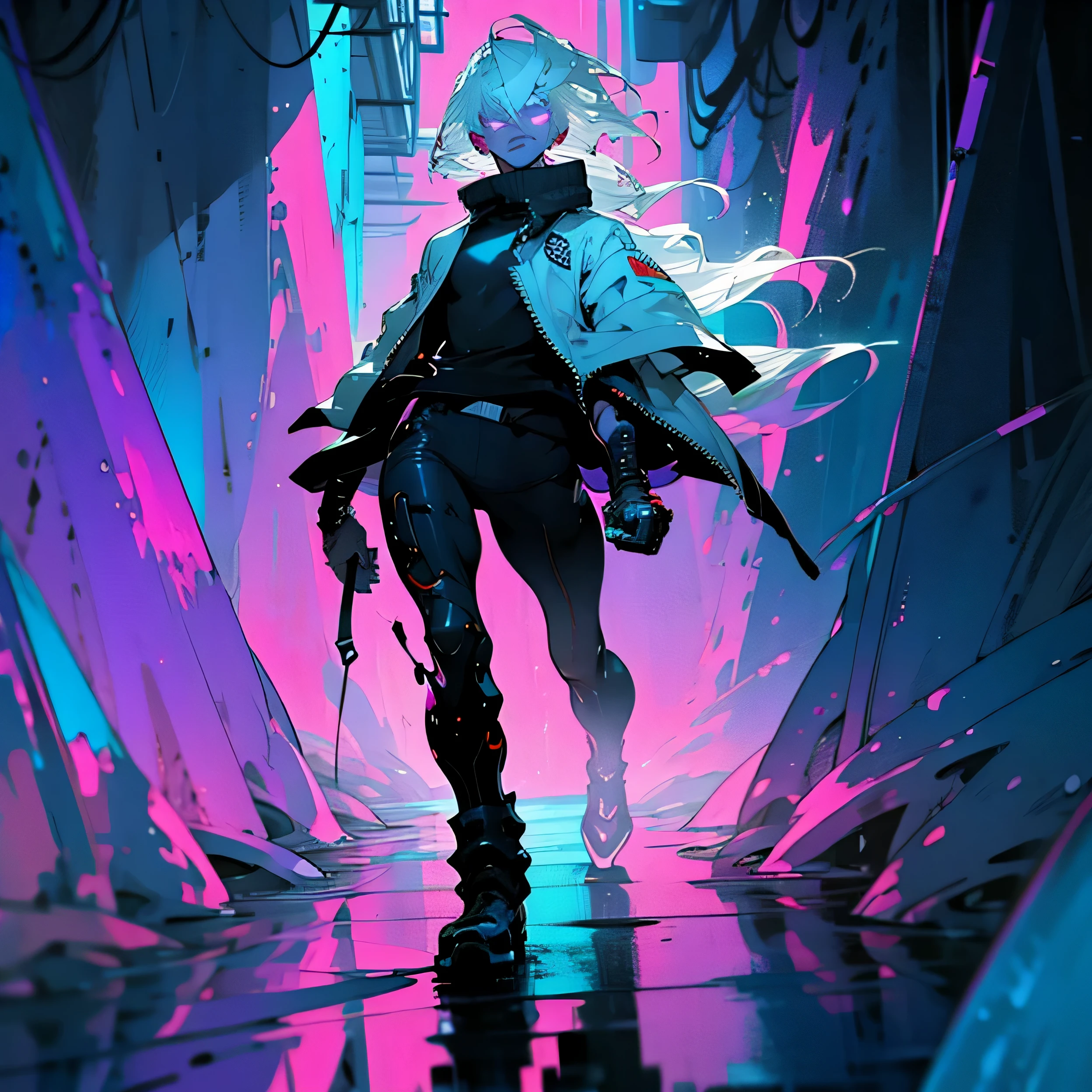 (best quality,4k,8k,highres,masterpiece:1.2), ultra-detailed, (realistic,photorealistic,photo-realistic:1.37), 1boy, handsome, standing in a cyberpunk neon-lit alleyway, white hair, purple glowing eyes, cool expression, close & high angle view, wearing a cyberpunk jacket, gritty textures, futuristic graffiti on the walls, flickering neon signs, steam rising from the sewers, rain-soaked pavement, vibrant colors, dramatic lighting, cinematic feel