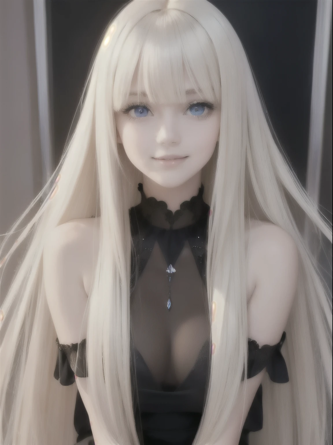portrait, bright expression, young shiny shiny white shiny skin, Best shot, Blonde reflected light, Platinum blonde hair with dazzling highlights, shiny light hair, Super long silky straight hair, Beautiful bangs that shine, Glowing crystal clear attractive big blue eyes. Very beautiful nice cute 18 year old girl, smile, ((whole body)), black dress, white bolerot,