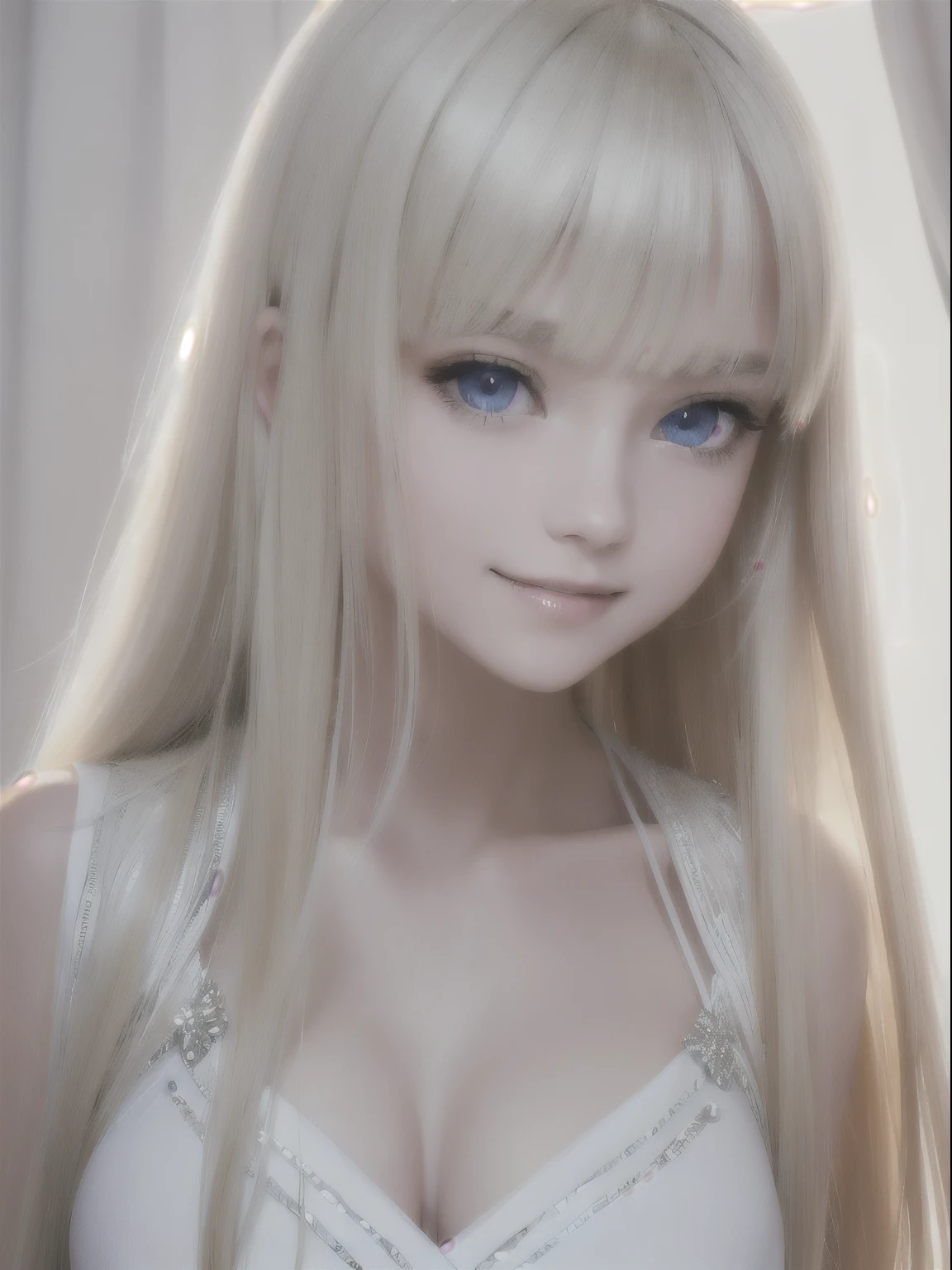 portrait, bright expression, young shiny shiny white shiny skin, Best shot, Blonde reflected light, Platinum blonde hair with dazzling highlights, shiny light hair, Super long silky straight hair, Beautiful bangs that shine, Glowing crystal clear attractive big blue eyes. Very beautiful nice cute 18 year old girl, smile, ((whole body)), (black dress), ((white bolero)),