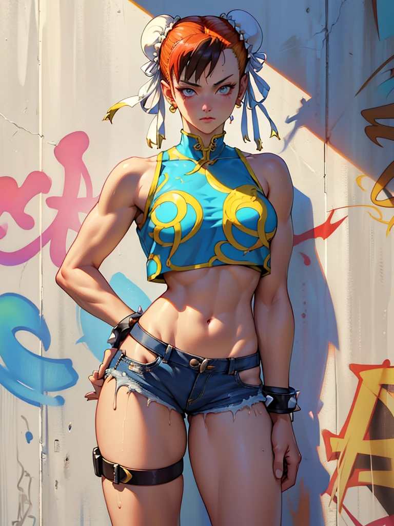 Masterpiece, Best Quality, 1girl, report, crop-top, jean shorts, Choker, (graffiti:1.aint splatter, (Hands Behind Your Back), Against a wall, looking a viewer, A bracelet, thigh strap, Paint on the body, tilt of head, bored, fiery hair color, Rainbow-colored eyes,chun li