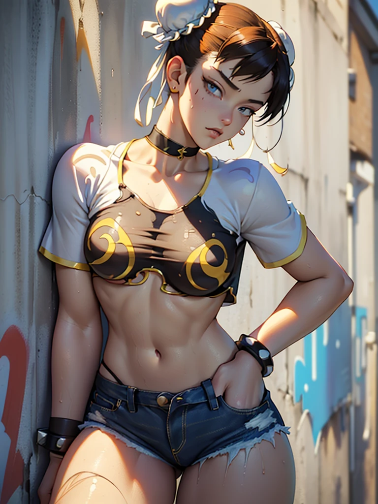 Masterpiece, Best Quality, 1girl, report, crop-top, jean shorts, Choker, (graffiti:1.aint splatter, (Hands Behind Your Back), Against a wall, looking a viewer, A bracelet, thigh strap, Paint on the body, tilt of head, bored, fiery hair color, Rainbow-colored eyes,chun li