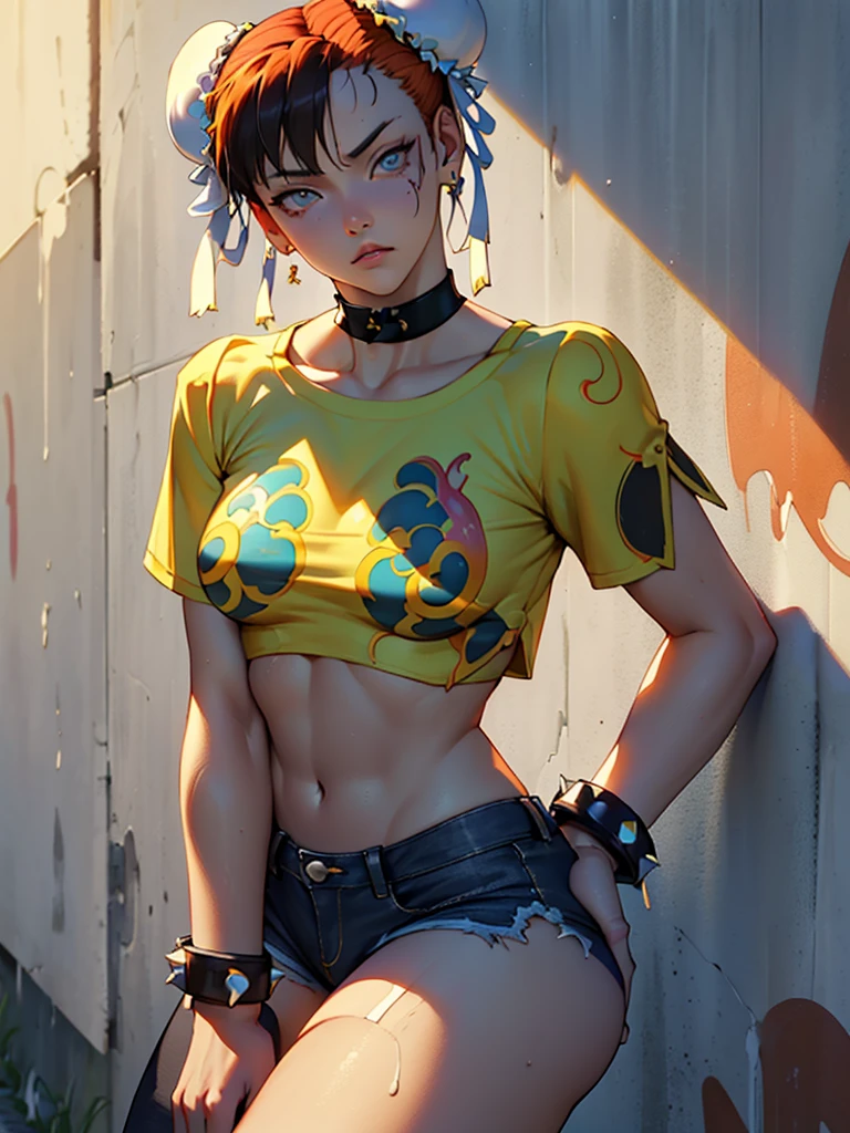 Masterpiece, Best Quality, 1girl, report, crop-top, jean shorts, Choker, (graffiti:1.aint splatter, (Hands Behind Your Back), Against a wall, looking a viewer, A bracelet, thigh strap, Paint on the body, tilt of head, bored, fiery hair color, Rainbow-colored eyes,chun li