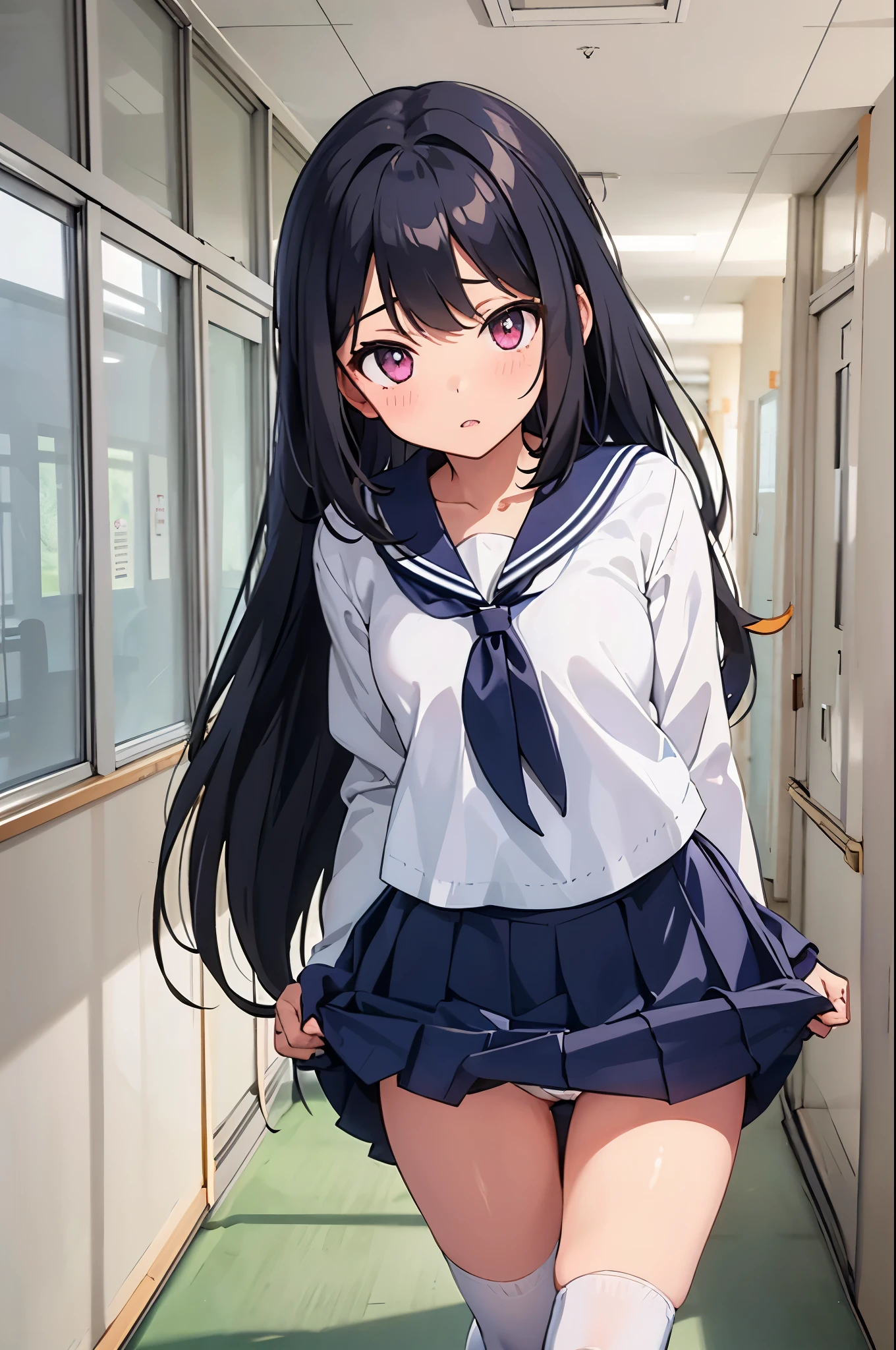 school hallway　　8-year-old　flat chest　blhair　g hair　The eyes are purple　（（1 person））　Upper height sleeve sailor suit　Lower body navy blue miniskirt　white panties（（white pantiesが見える））　white socks　sports boots　Standing in the hallway　dynamic angle　Low angle from the front