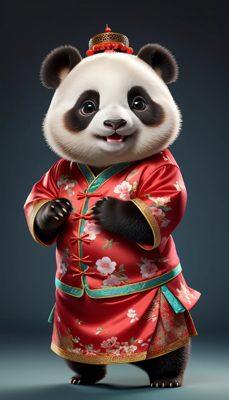 Photorealistic portrait of animals wearing clothes - a chubby  panda dancer,( Dance poses),  high quality,(charming) ,intricate details, Very detailed ((Chinese cheongsam clothing)) ,Very detailed dress,, (happy), studio lighting,(full body image:1.5)