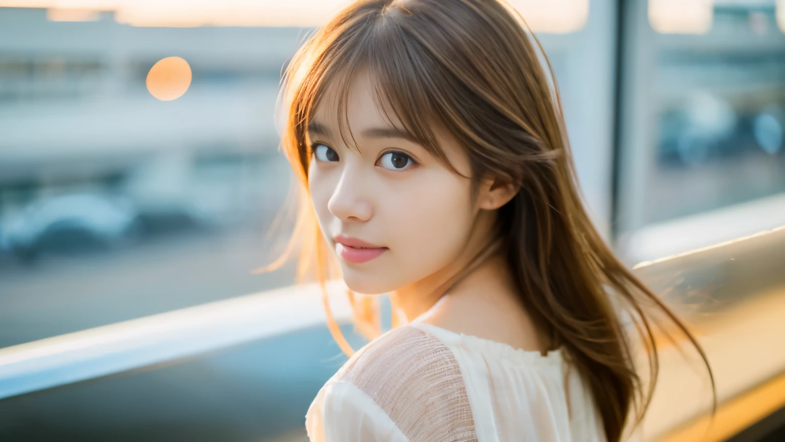 masterpiece, highest quality, 8K, 1 girl, correct human hand, correct human fingers, thin japanese woman, cute, girly, delicate woman, pure beauty, small breasts, Very small waist, sexy lips, luminescence, look away, Raw photo, f/1.8, 135mm, canon, anatomically correct, Bokeh,rough skin, professional photography, soft light, professional lighting, Backlight, film grain, (Eye and face details:1.0), brown hair, Medium hair swaying in the wind, silk blouse,Waiting for the flight at the airport cafe terrace,Before leaving for overseas travel
