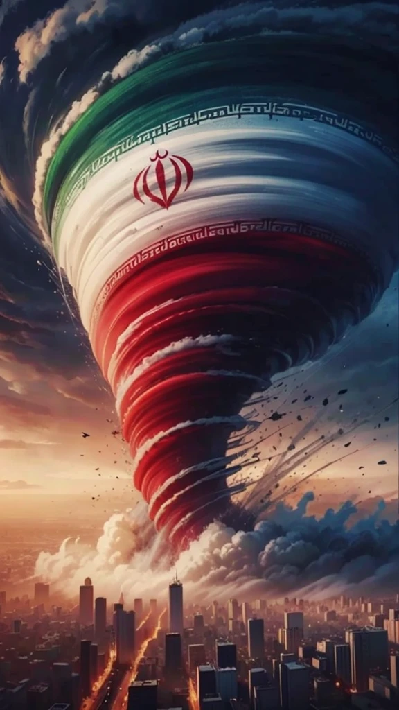 a large tornado cloud is seen over a city with a flag, islamic revolution, 🚀🌈🤩, 🚿🗝📝, iranian, accurate depiction, wonderful masterpiece, whirlwind, tehran, iran, by Ren Bonian, 😃😀😄☺🙃😉😗, beautiful masterpiece, 🔞🤡, nuclear explosion!!!, ✏️🎨, ww 3, 🚀🚀🚀