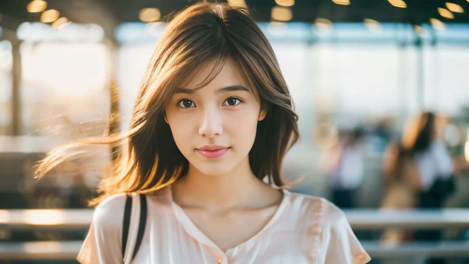 masterpiece, highest quality, 8K, 1 girl, correct human hand, correct human fingers, thin japanese woman, cute, girly, delicate woman, pure beauty, small breasts, Very small waist, sexy lips, luminescence, look away, Raw photo, f/1.8, 135mm, canon, anatomically correct, Bokeh,rough skin, professional photography, soft light, professional lighting, Backlight, film grain, (Eye and face details:1.0), brown hair, Medium hair swaying in the wind, silk blouse,Waiting for the flight at the airport cafe terrace,Before leaving for overseas travel