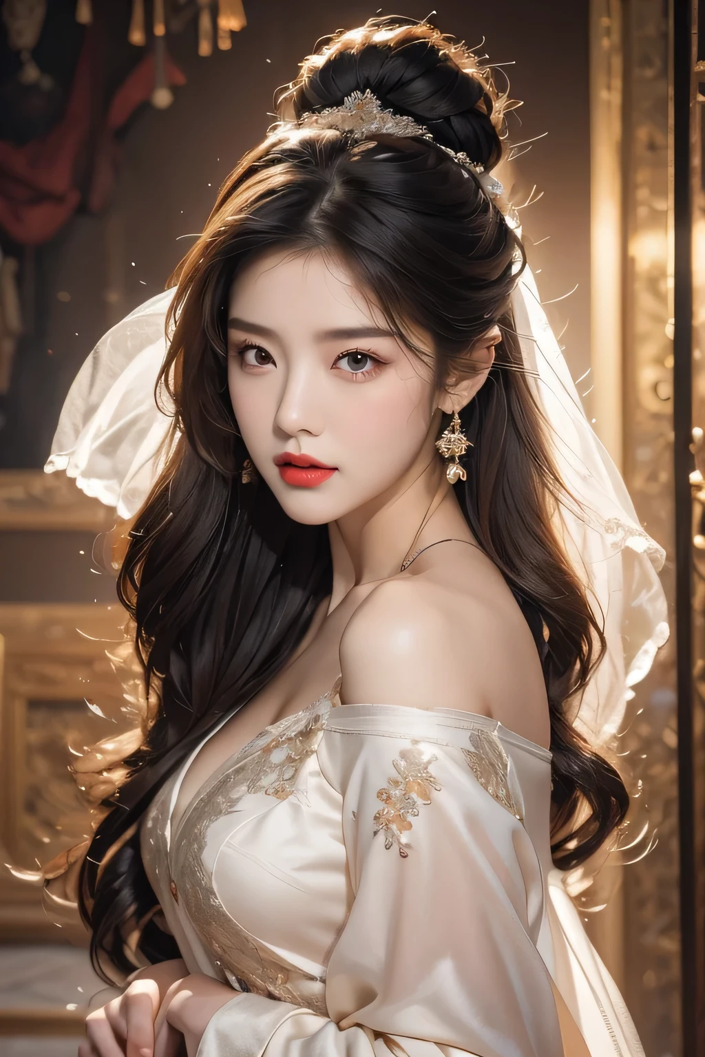 High-quality work,Realistic works,Super premium graphics,8K HD CG works,high quality graphics,High-definition and exquisite CG works,10x pixels,Ultra-fine details:1.1,Advanced technical details:1.1Realistic photo effects,Interior lighting effects:1.5,natural soft light:1.5. Light effect(Virtual light effects:1.8),ultra high resolution,shining dress,sliver long hair,silber hair,transparenthair,high detailed hair(Quality hair details:1.1)Clear eyes,Double eyelids look good,Sharp eye makeup, Create exquisite eyelash makeup, tthin eyebrows, Ultra-detailed eyes,a tall nose, lovely red lips, rosey cheeks, With delicate makeup on her face , pretty face, The face shape is perfectly proportioned,(Advanced facial details:1.1)1girl,happy,elegant,silk,tullece,dress,off-shoulder,cowboy shot,see-through,white lotus,glowing,fog,mist,river,((holding a sword, ninjas, photostock, female actress from korea, veil, agile, photo from a promo shoot, cryptoblades, asian female, fighters)), Best quality, masterpiece, ultra high res, photorealistic, raw photo, unity 8k wallpaper,((1 sword:1)),,Women's artwork,Dress full body video,Realism,Amazing Cleavage,My eyes are very bright today