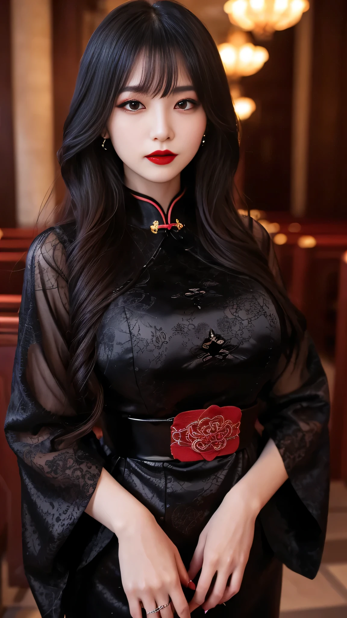 tra-detailed、Japanese、attractive beauty、seductive adult woman、pretty woman、piercing eyes、cool girl、wavy hair、swept bangs、Long Black Cheongsam、wide sleeves、Evil cadres、evil depravity、brainwash、mind control、lipstick、lip gloss、dark makeup、smirk、whisper in your ear、Evil expression、evil、hollow eyes,half-closed eyes、empty eyes、evil、church at night、vampire、succubus、vampire、Swear allegiance、sexy pose、hair ornaments、