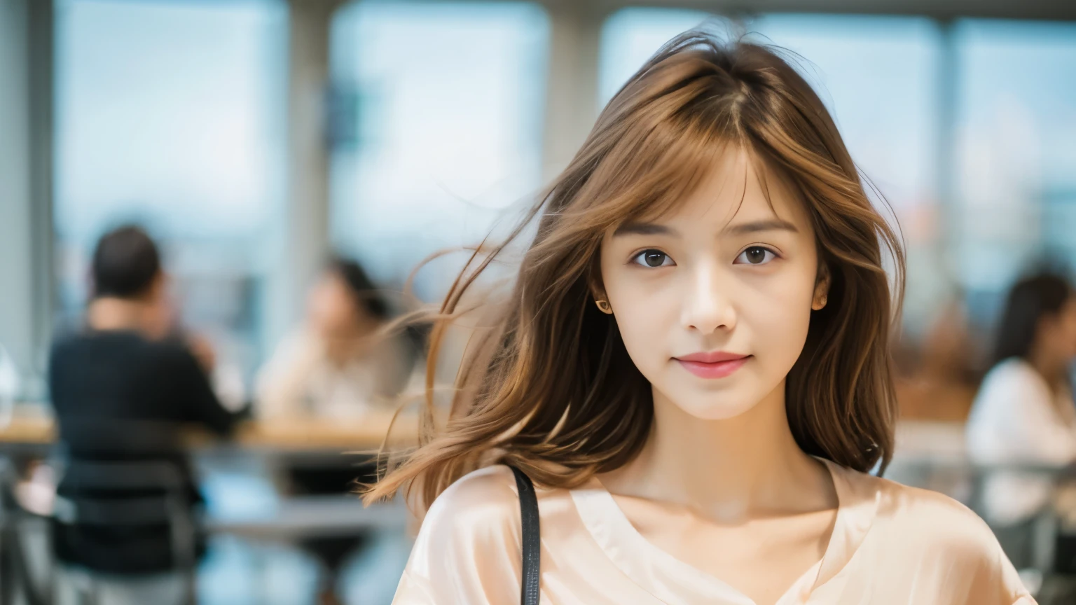 masterpiece, highest quality, 8K, 1 girl, correct human hand, correct human fingers, thin japanese woman, cute, girly, delicate woman, pure beauty, small breasts, Very small waist, sexy lips, luminescence, look away, Raw photo, f/1.8, 135mm, canon, anatomically correct, Bokeh,rough skin, professional photography, soft light, professional lighting, Backlight, film grain, (Eye and face details:1.0), brown hair, Medium hair swaying in the wind, silk blouse,Waiting for the flight at the airport cafe terrace,Before leaving for overseas travel