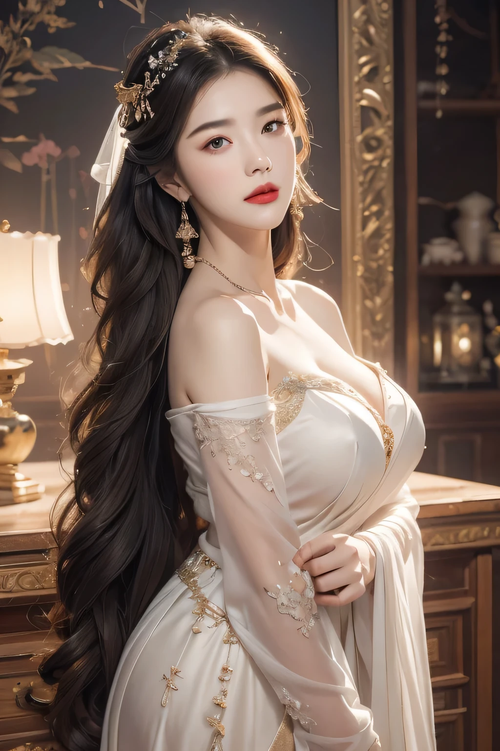 (top-quality,8k,masterpiece),Asian woman with long hair and white dress,a beautiful fantasy empress,Beautiful fantasy maiden,chinese fantasy,Beautiful and seductive woman,Colossal tits,