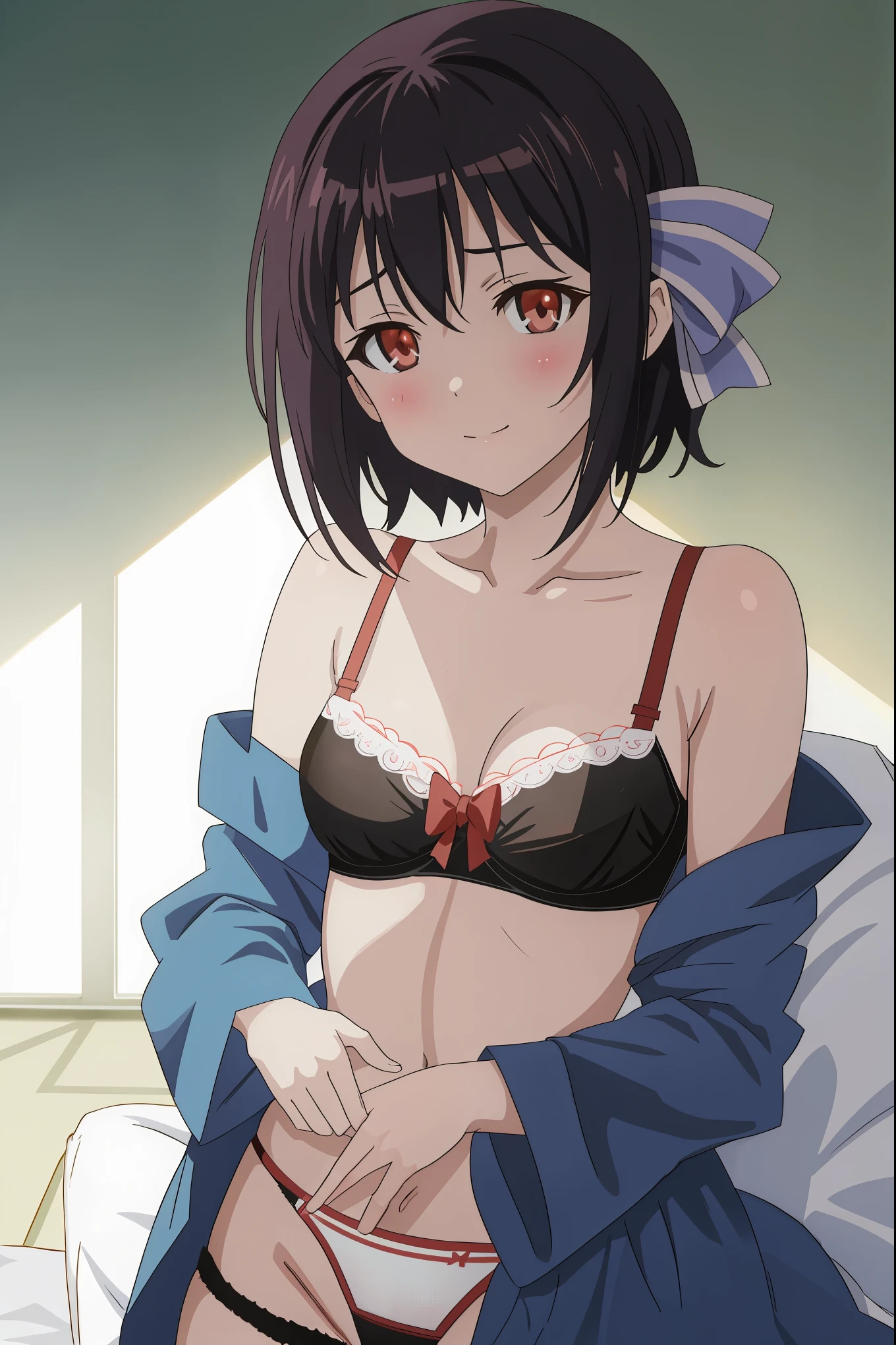 [[anime styled]],[[digitalart]],NSFW,1girl in,(Portrait),face focus/close up,Looking at Viewer,bedroom,lying,bed,Tomomi_Xijing, bow ribbon, Short hair,(Panties),(bra),medium build,perfect anatomy,Smile,blush,best quality,master piece,Perfect Lighting,(strong light),((brighten the subject)),oily skin,cury:1.2,,Best Quality,anime screen cap,Flat color,cel shading,Panties,short torso,,