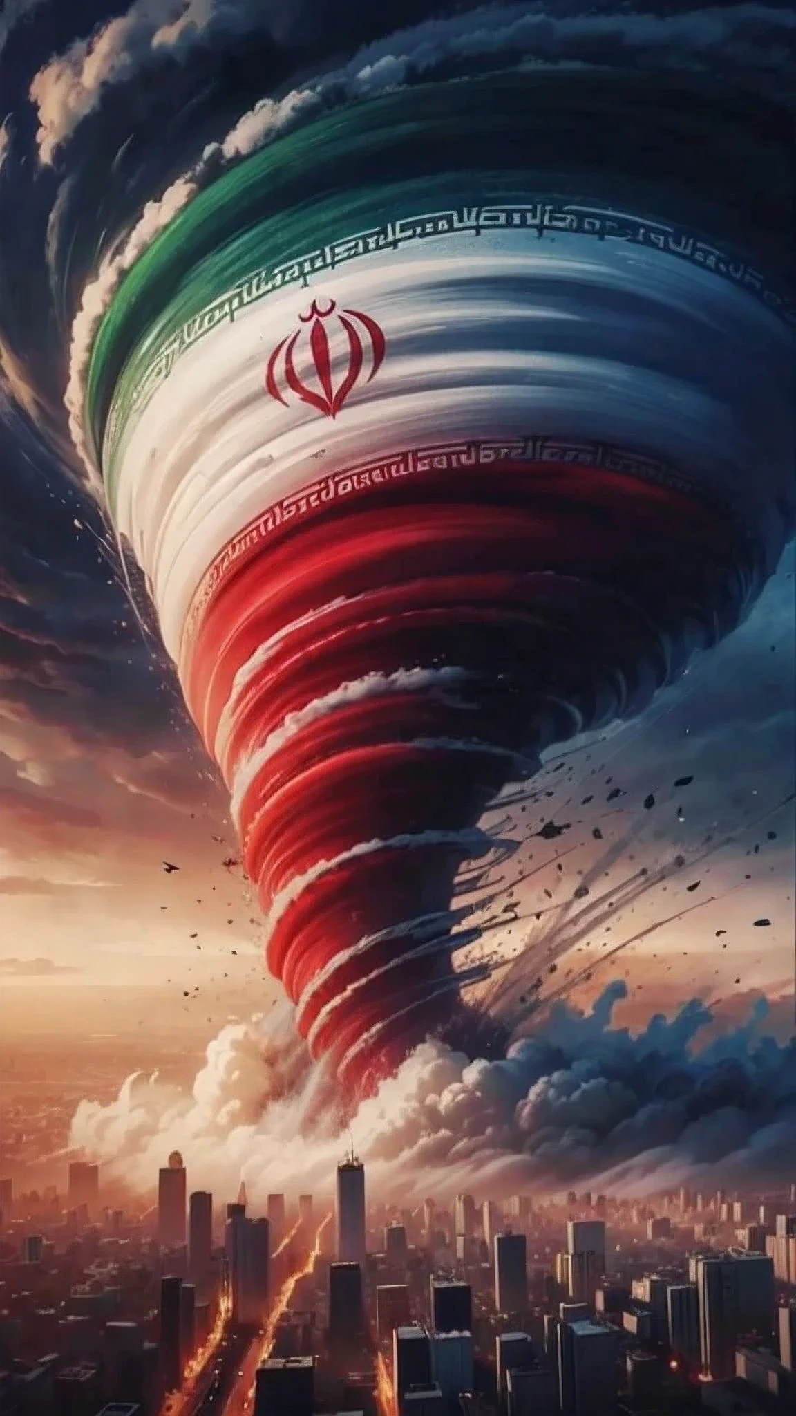 a large tornado cloud is seen over a city with a flag, islamic revolution, 🚀🌈🤩, 🚿🗝📝, iranian, accurate depiction, wonderful masterpiece, whirlwind, tehran, iran, by Ren Bonian, 😃😀😄☺🙃😉😗, beautiful masterpiece, 🔞🤡, nuclear explosion!!!, ✏️🎨, ww 3, 🚀🚀🚀