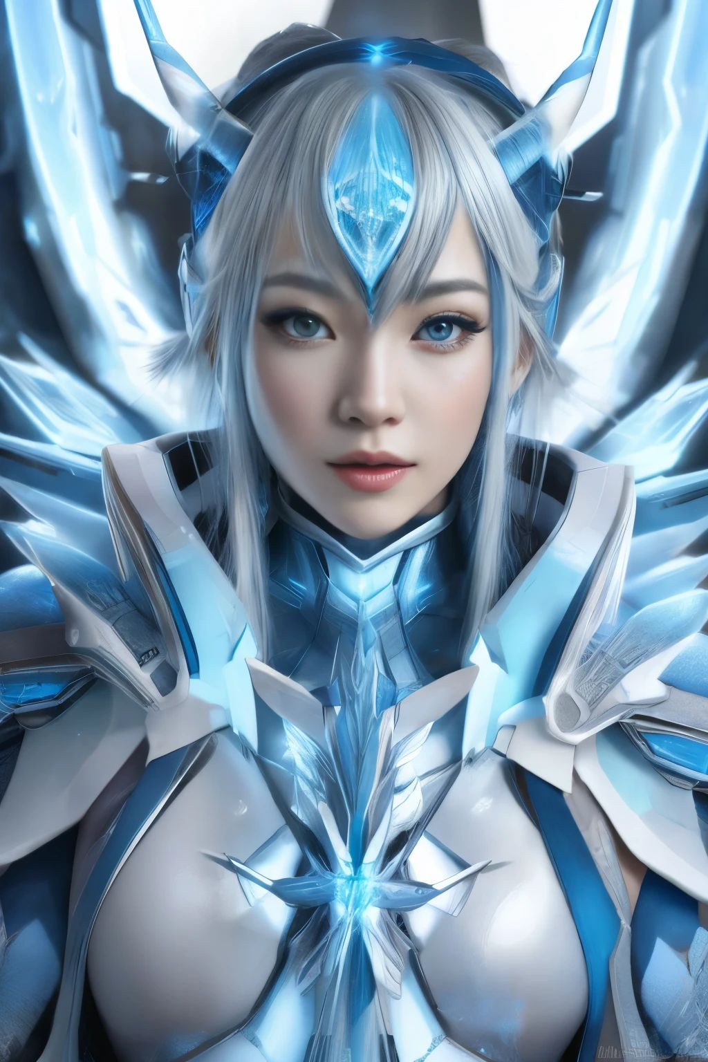 Hyper-realistic portrait of a Japanese girl dressed as the Frost Oracle, a futuristic interpretation, cyberpunk, neon lights, ice-blue and white colors, reflective surfaces, shallow depth of field, soft lighting, high resolution, accurate representation, unique, creative, well-lit, clear details, Canon EOS R5, 85mm lens, f/1.4