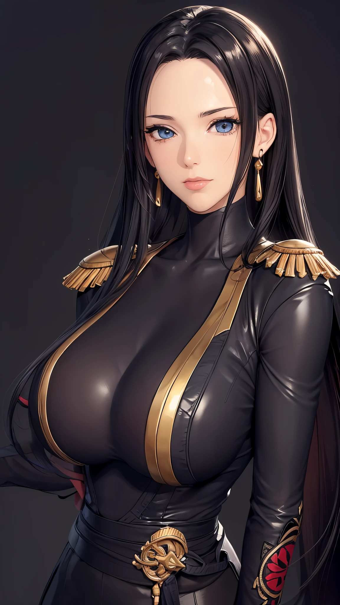 （（（完美figure，figure，Black tight fitting leather clothing, black leather clothing, leather clothing, reflective clothing， （（（boa hancock，Dark long hair, combed with a chiffon hairstyle, slightly wide forehead smooth and flat, deep blue eyes, slender and delicate corners of the eyes, almond eyes exuding a hint of coldness, nose bridge high and straight, nose small and delicate, lips soft without any wrinkles. Wearing a pair of snake shaped golden earrings under the ears）））((masterpiece)),high resolution, ((Best quality at best))，masterpiece，quality，Best quality，（（（ Exquisite facial features，looking at the audience,There is light in the eyes，(sticking out tongue, opening mouth)，））），型figure:1.7））），（（（Interlacing of light and shadow，huge boobs））），（（（looking into camera，black background，)）））