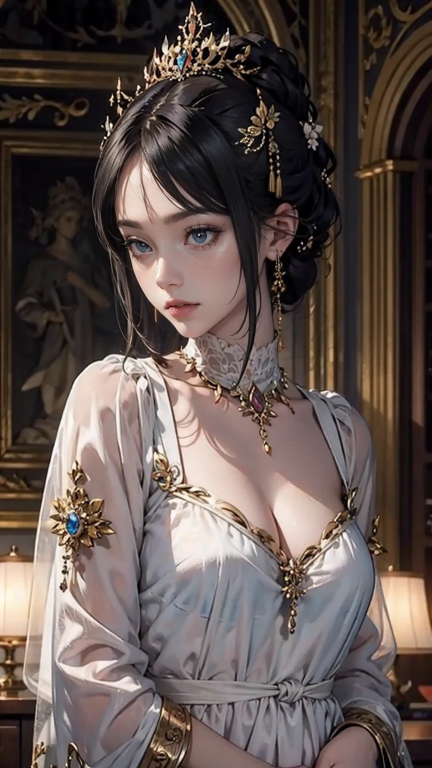 Beautiful sexy cool edgy tall, slim, fit woman, extremely intricate and highly detailed, big firm heavy breasts, deep cleavage, bob silver hair, body chain, diamond jewelry, sparkly, shiny, wlop, round premium , sexy , amazing boobies