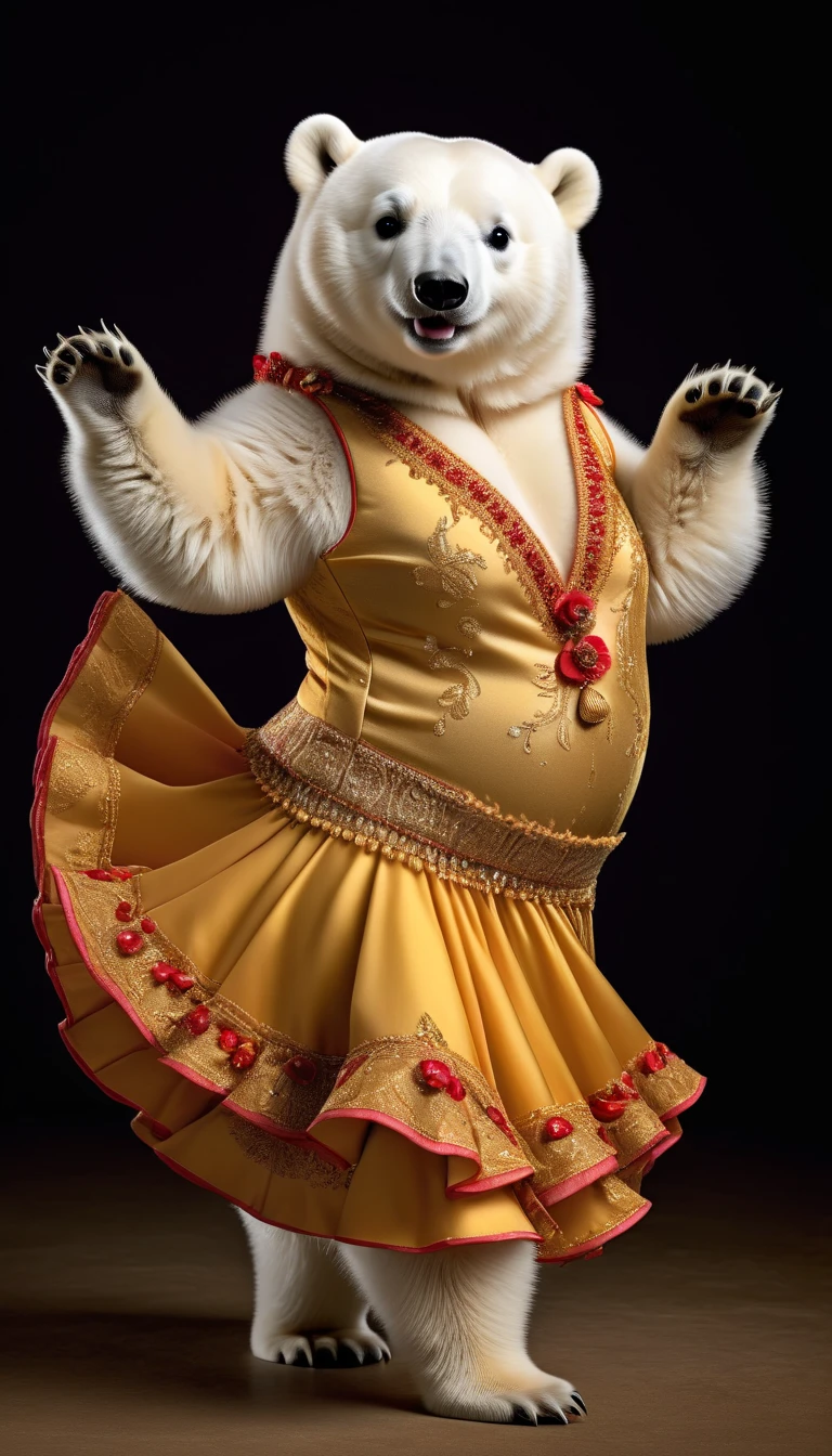 Photorealistic portrait of animals wearing clothes - a chubby polar bear baby flamenco dancer,( Flamenco poses),  high quality,(charming) ,intricate details, Very detailed ((Golden flamenco costume)) ,Very detailed dress,, (happy), studio lighting,(full body image:1.5)