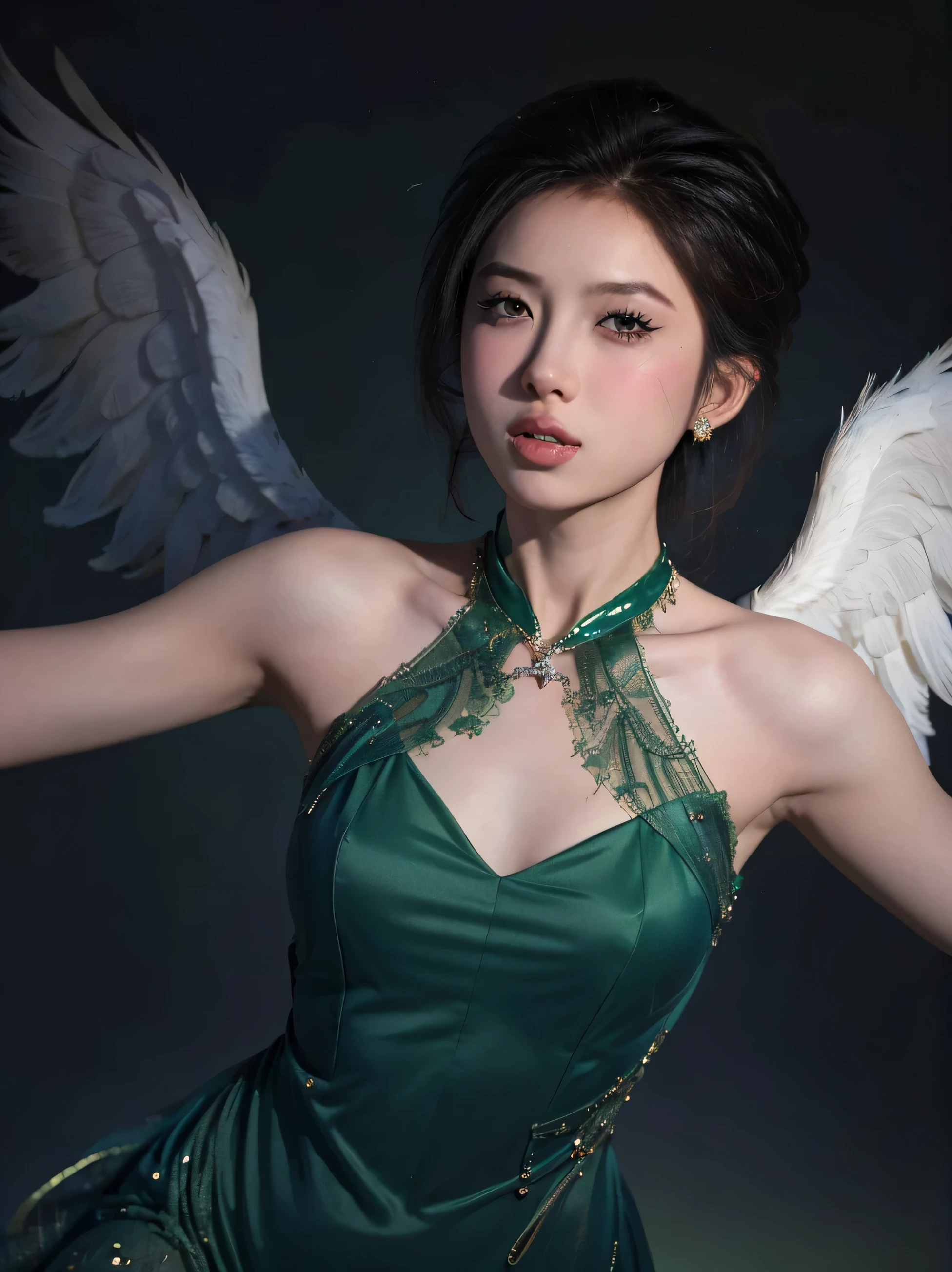 8K Ultra HD, masterpiece, female, (nice face:1.4), detailed, eye, beautiful lips, very long hair, spread hair, , (angel dress:1.5), (Green dress:1.5), necklace, wing, at the park, flying birds, shining:1.5, rainy weather, 